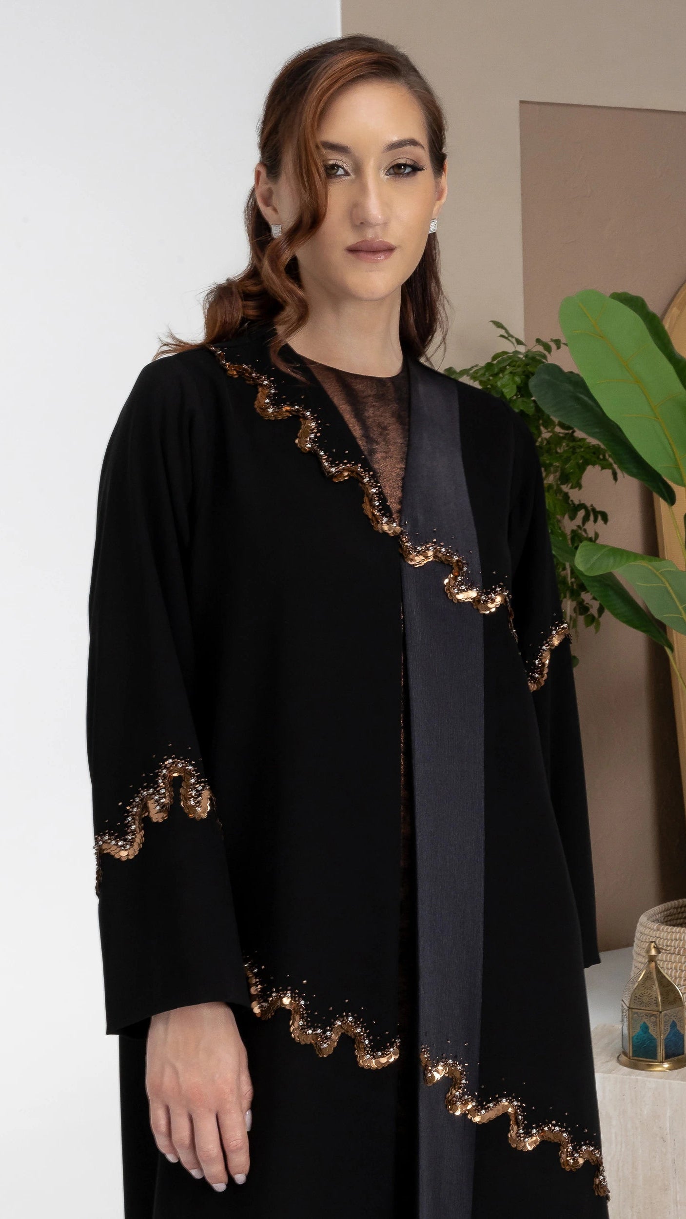 GHALA Copper Luxe - Modern modest luxury abaya with sculpted diagonal copper sequin accents and refined glamour