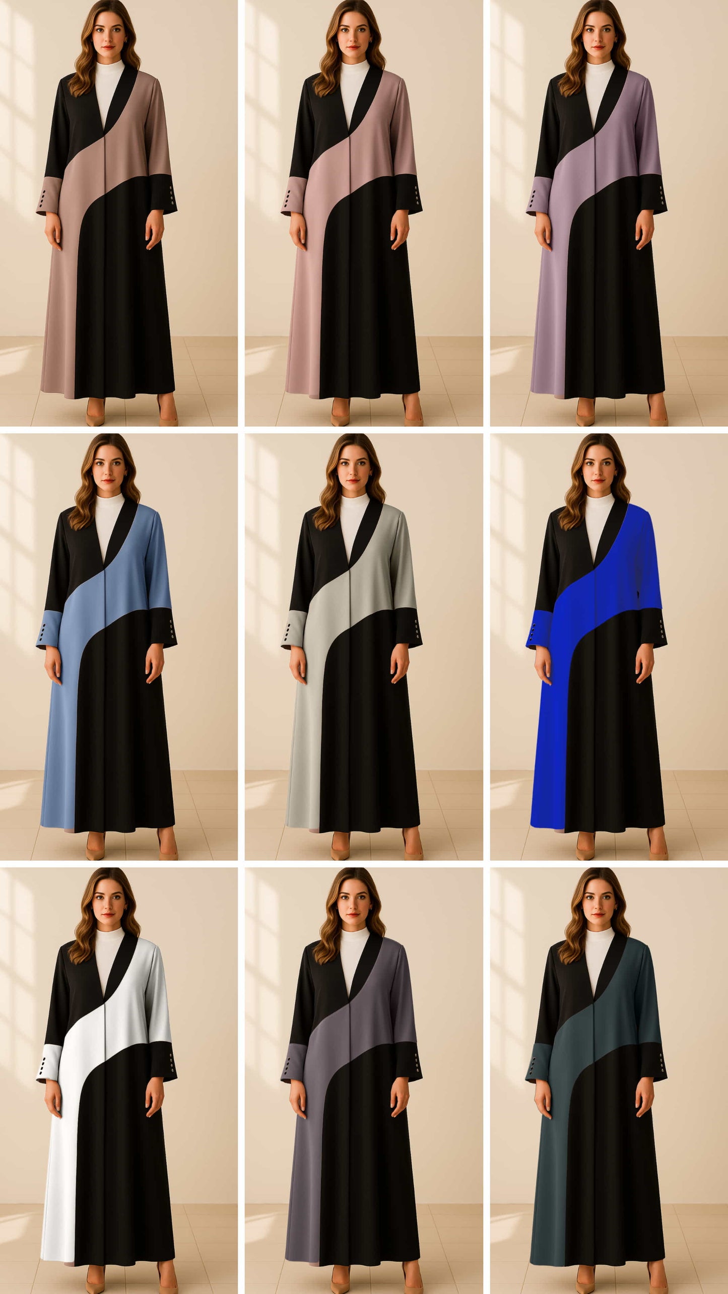KENZA | Dual Tone Muse - Two tone luxury abaya options with flowing panel design by Diva Atelier Dubai