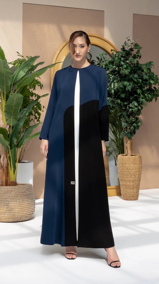 LAYZA | Obsidian Sapphire Abaya stylish blue and black abaya with elegant curved panel detailing by Diva Atelier