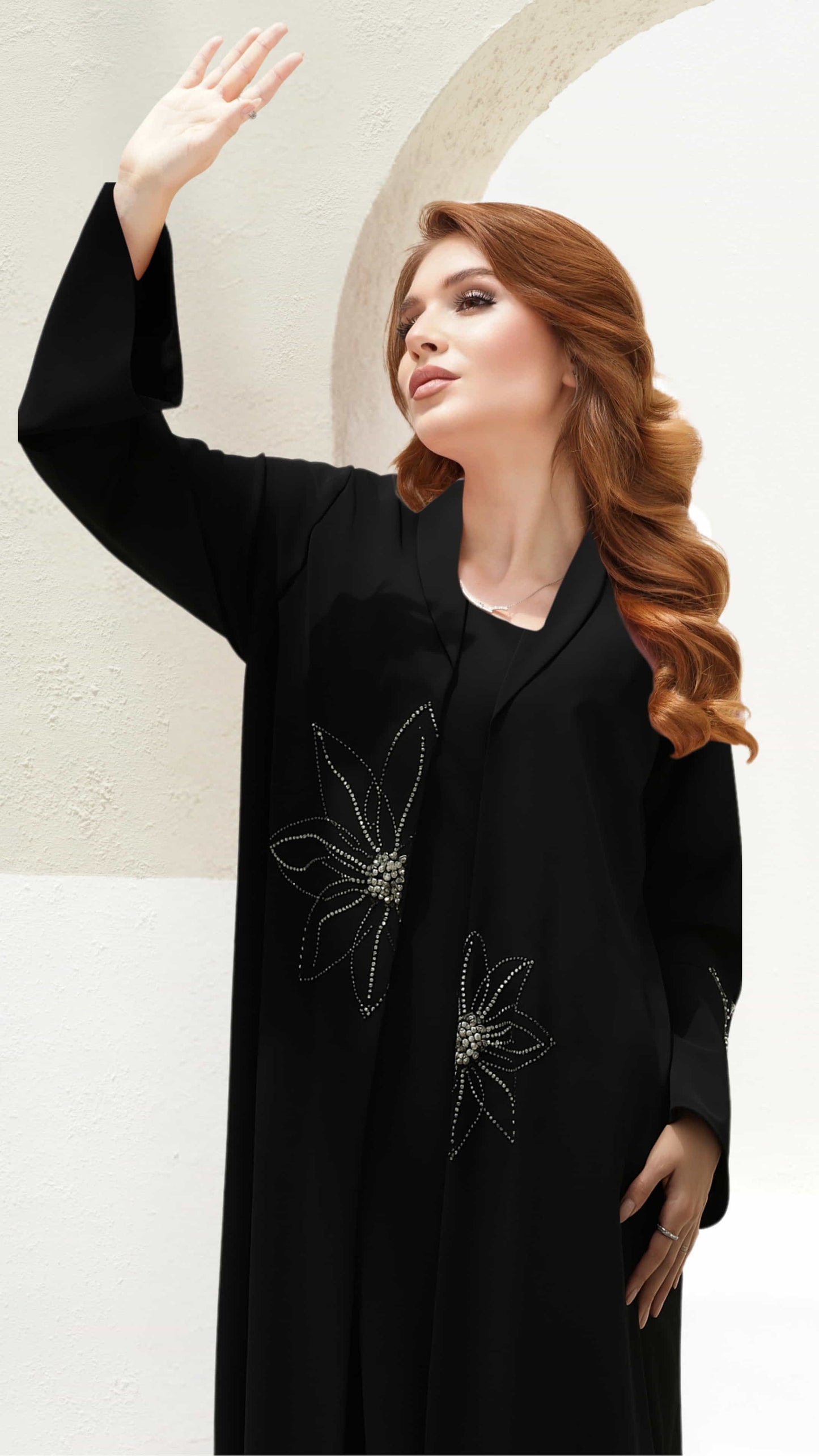 LYLIA Noir Crystal Luxe abaya side profile flowing silhouette