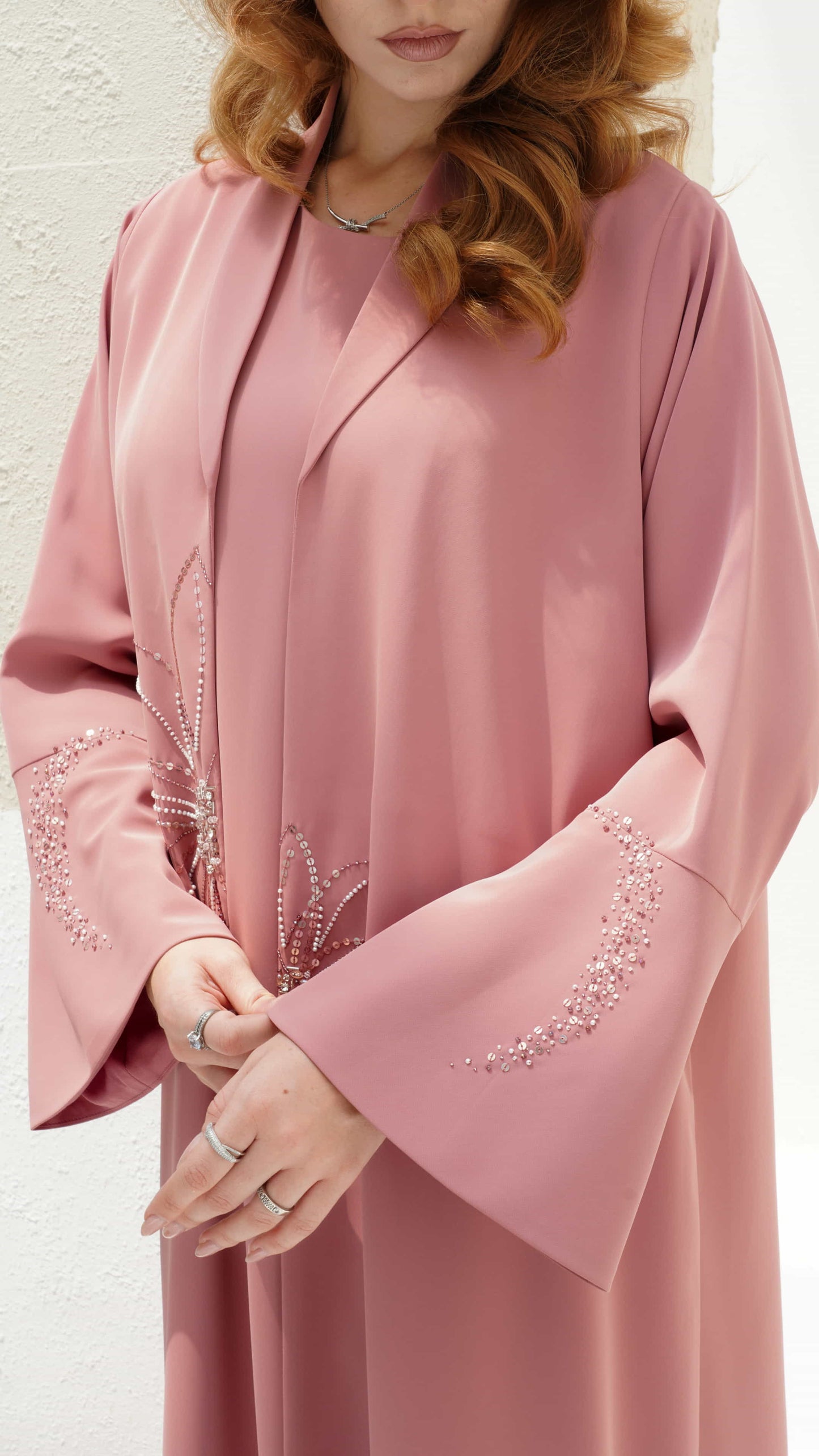 LYLIA pink luxury abaya sleeve embellishment close-up