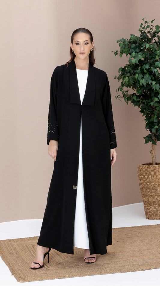 MAHNUR Noir Halo luxury black abaya with celestial crystal sleeve detailing and flowing elegant silhouette