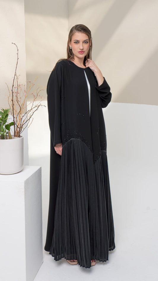 MIRA | Shadow Luxe 2.0 black pleated abaya full front view with tonal crystal embellishment