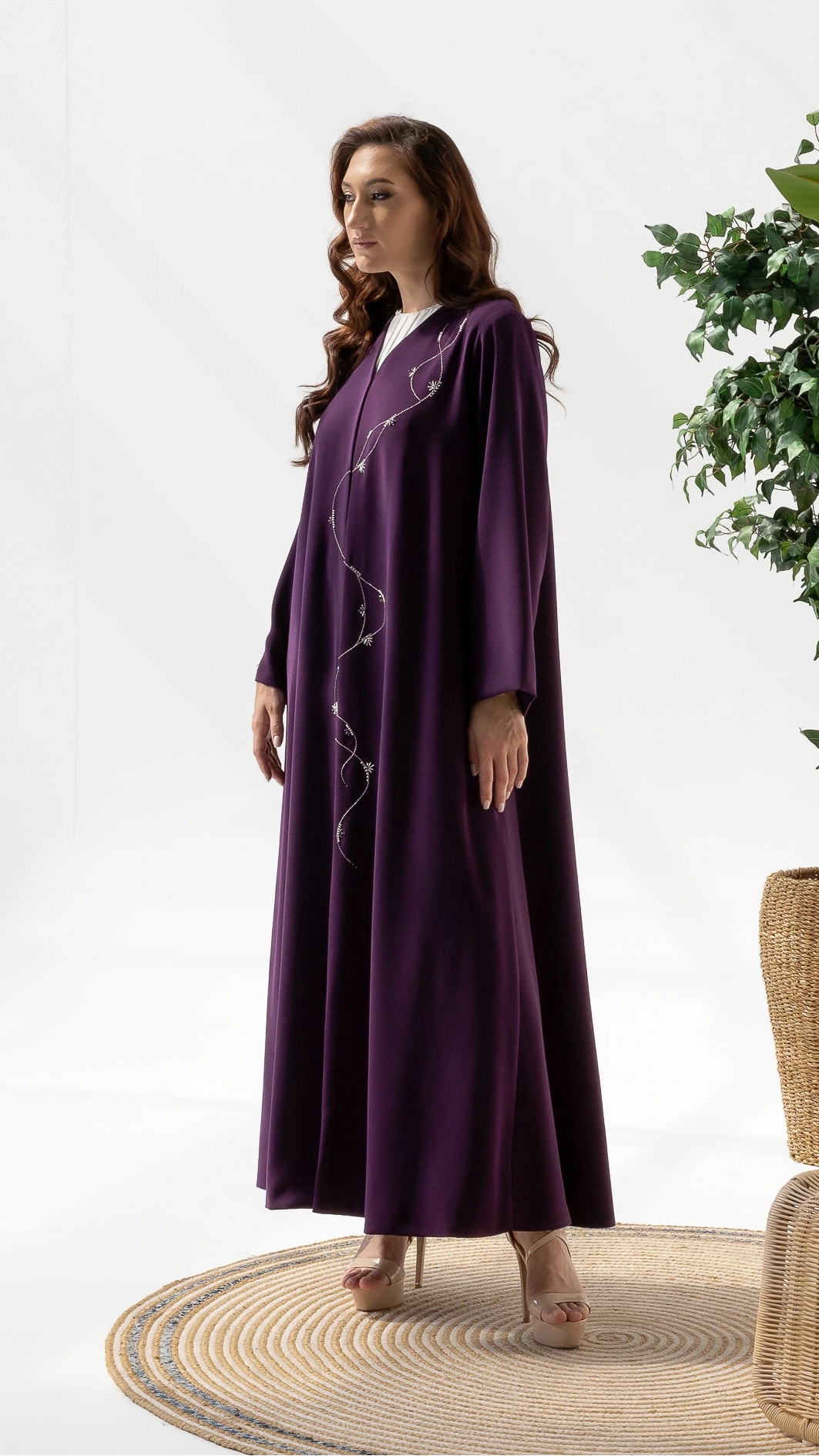 NAWARA Amethyst Royale side profile luxury purple abaya with crystal trail embellishments