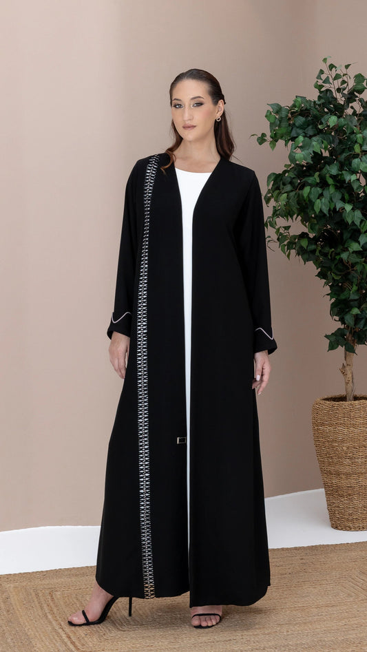 RASMAH Eclipse Noir elegant black abaya full-length editorial studio image