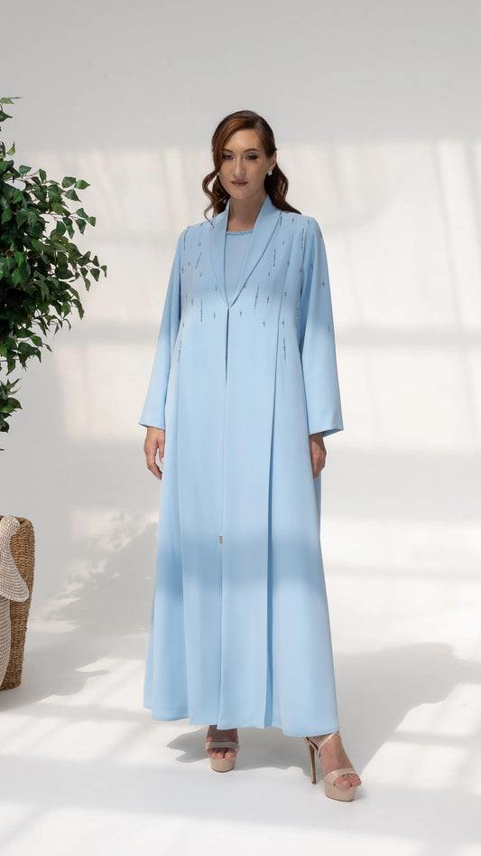 RUWAIYA Arctic Crystal Luxe luxury ice blue abaya with crystal beadwork full-length portrait