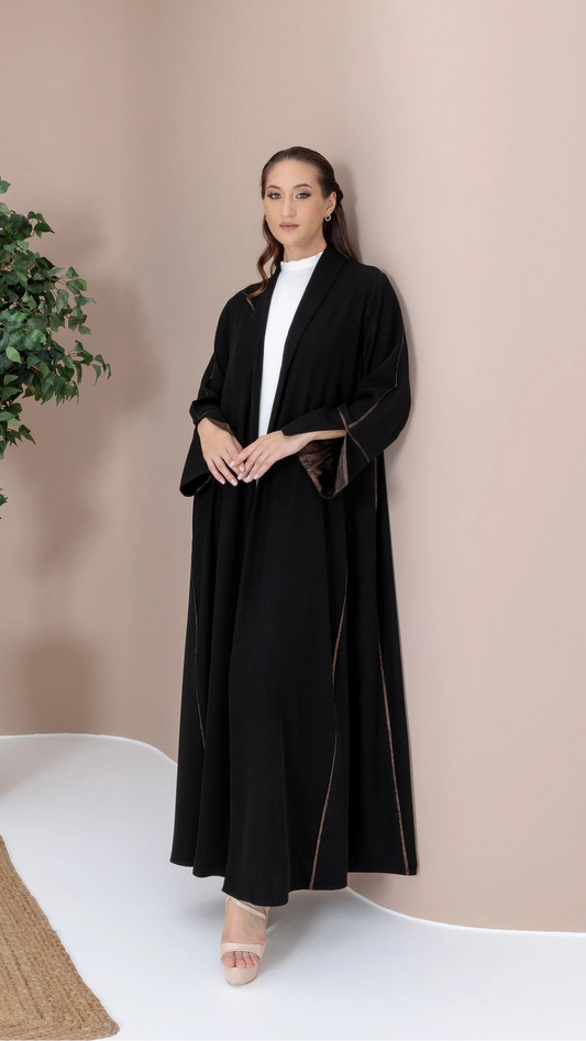 SAMRA Noir Bronze premium black open abaya with bronze accents and white inner dress
