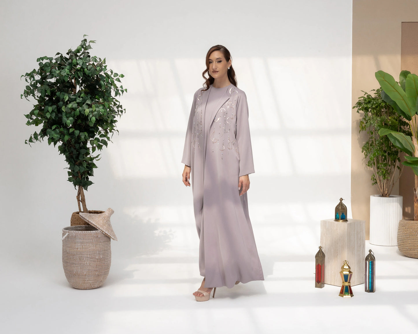 SERAJAH Mauve Mist Arabesque luxury evening abaya showcasing feminine elegance and crystal craftsmanship