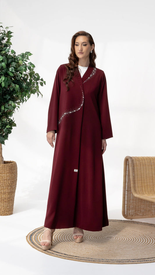 YUMNA Royal Burgundy Elegance full-length couture burgundy abaya with elegant flowing silhouette