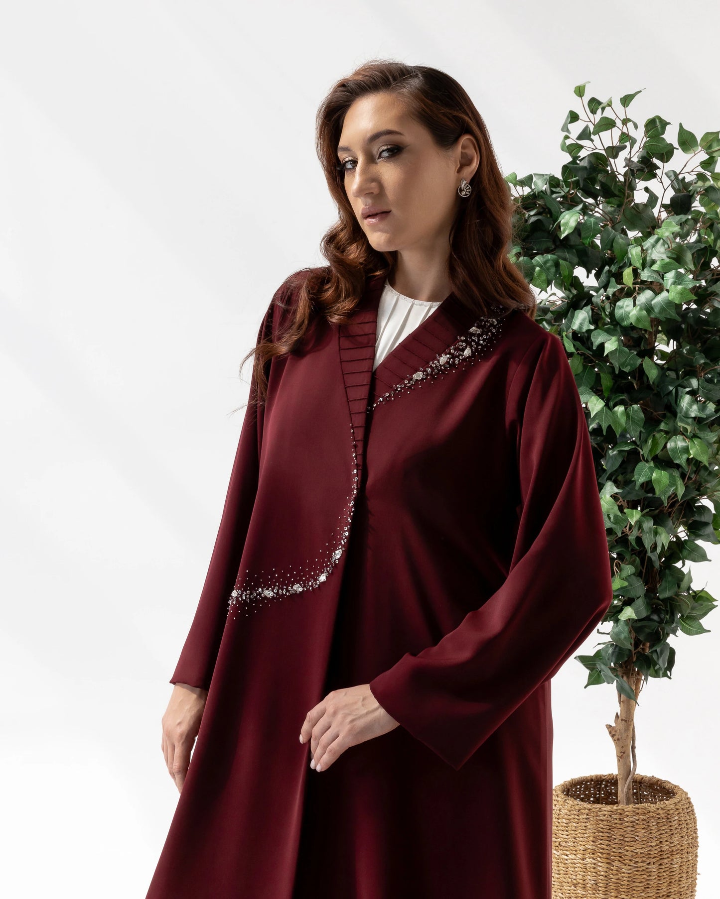 YUMNA Royal Burgundy Elegance premium designer abaya for Ramadan, Eid, and luxury gatherings