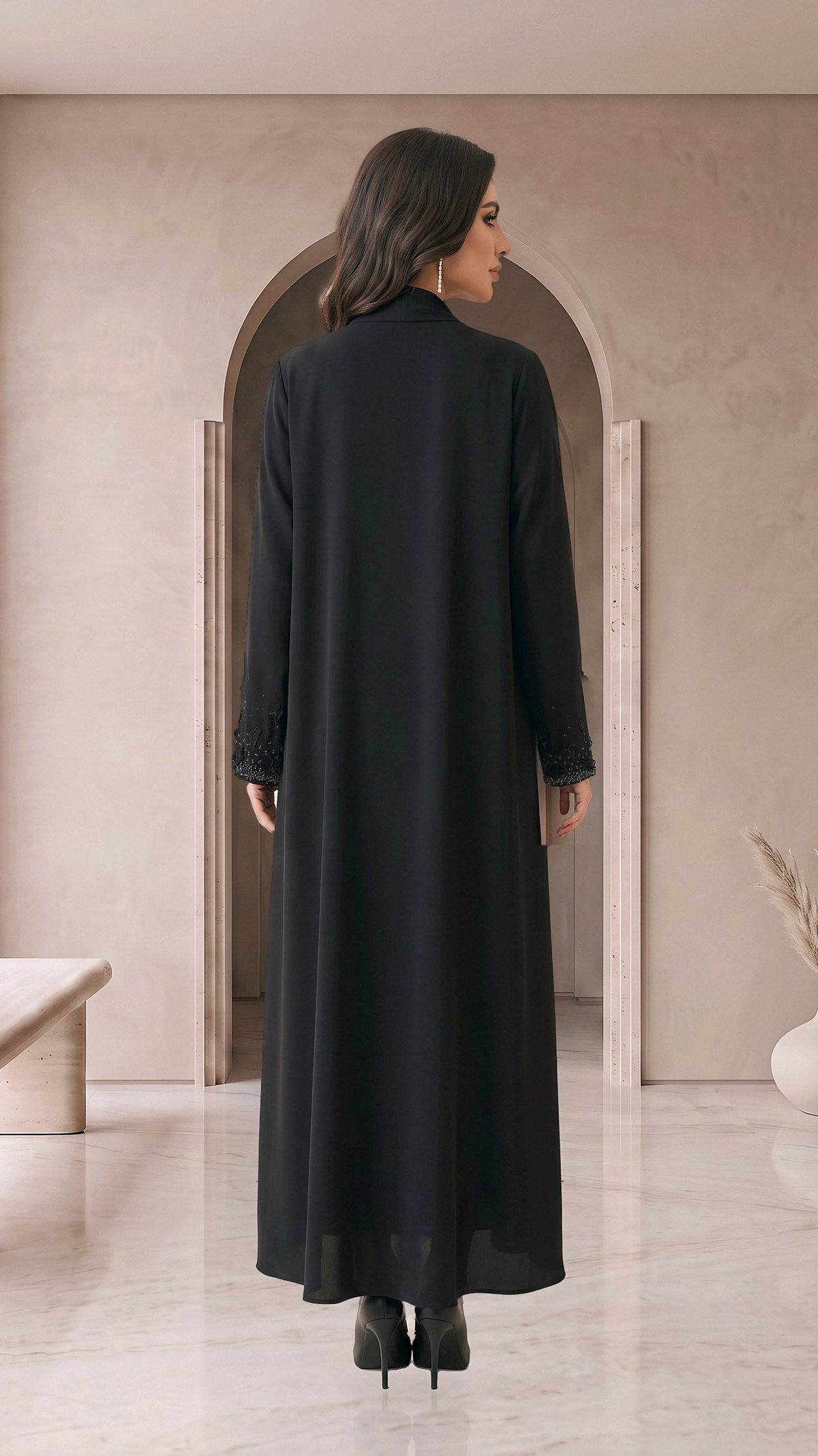 BADOUR black drape abaya, back view