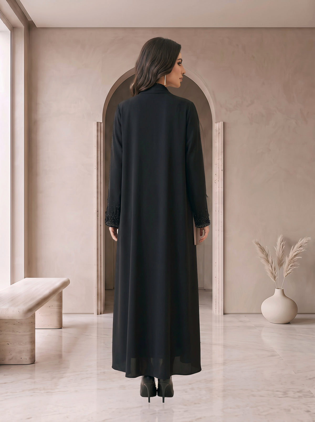 BADOUR black drape abaya, back view