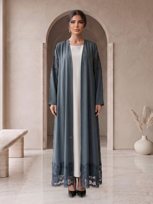 SADEEM slate grey lace abaya with white inner, front view, Diva Atelier Dubai