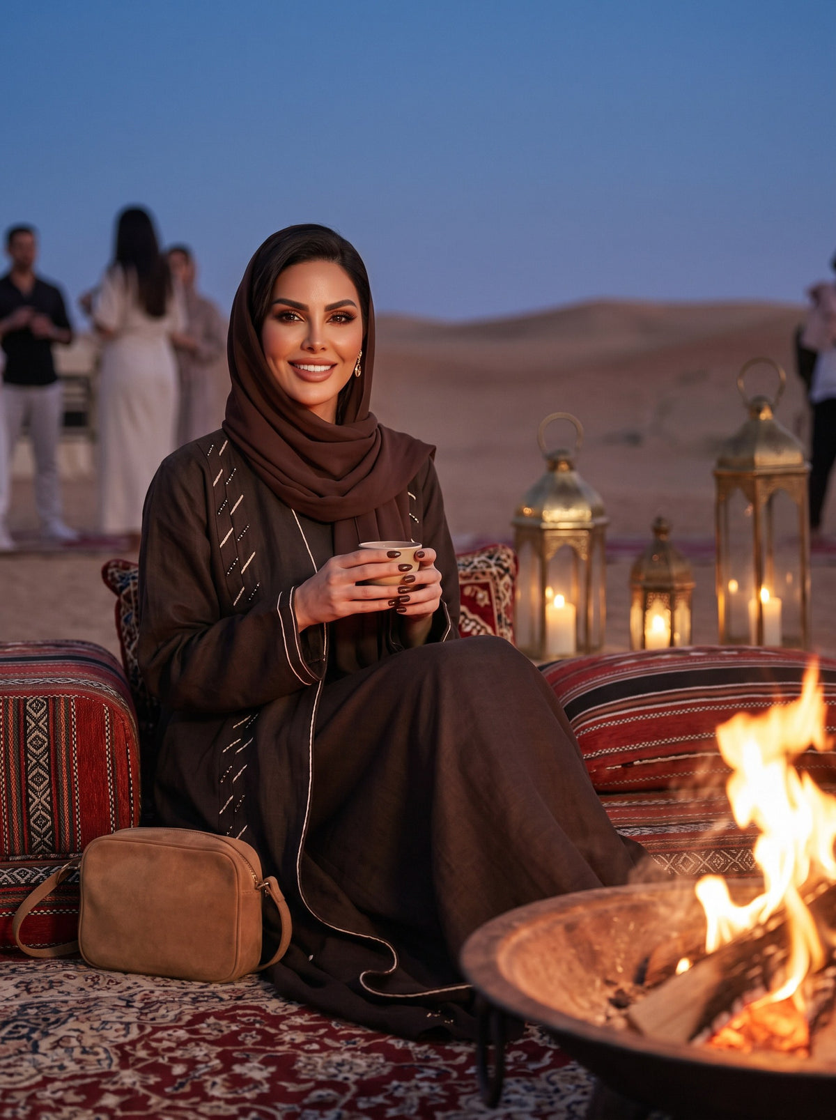 SIDRA abaya styled with shayla by a desert camp fire