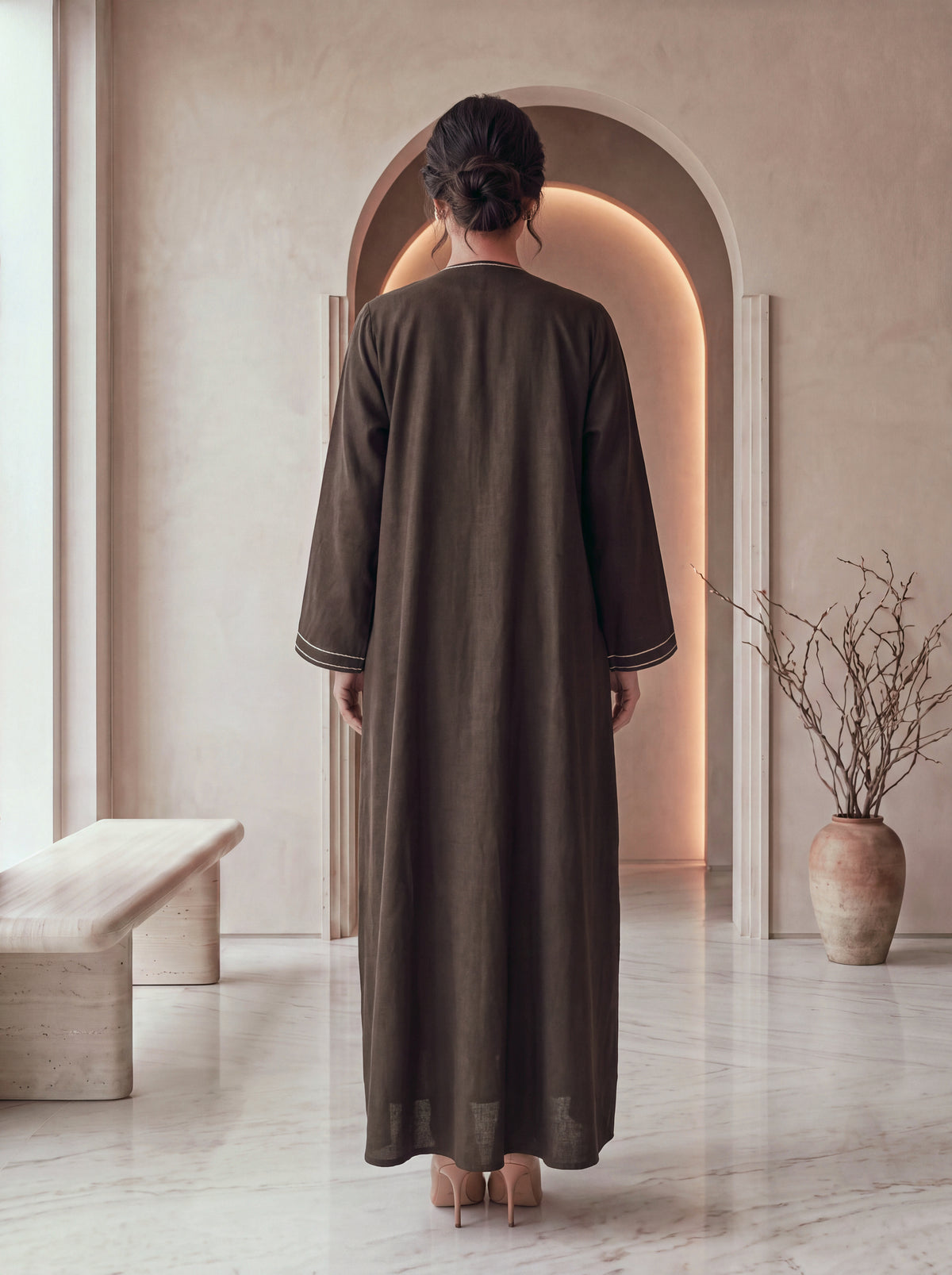 SIDRA espresso linen abaya, back view