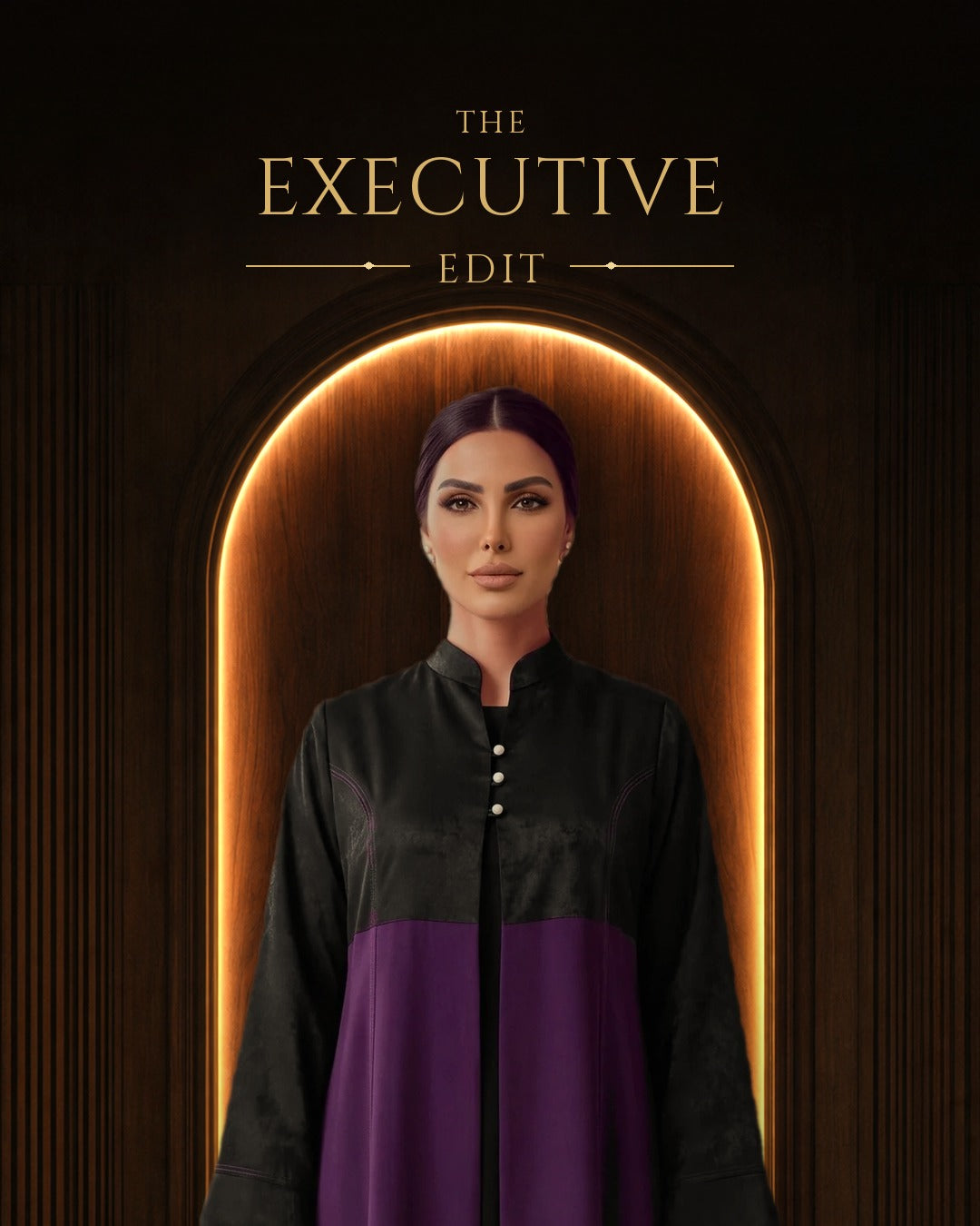The Executive Edit by Diva Atelier: JOUD amethyst and black abaya in a walnut-panelled arch