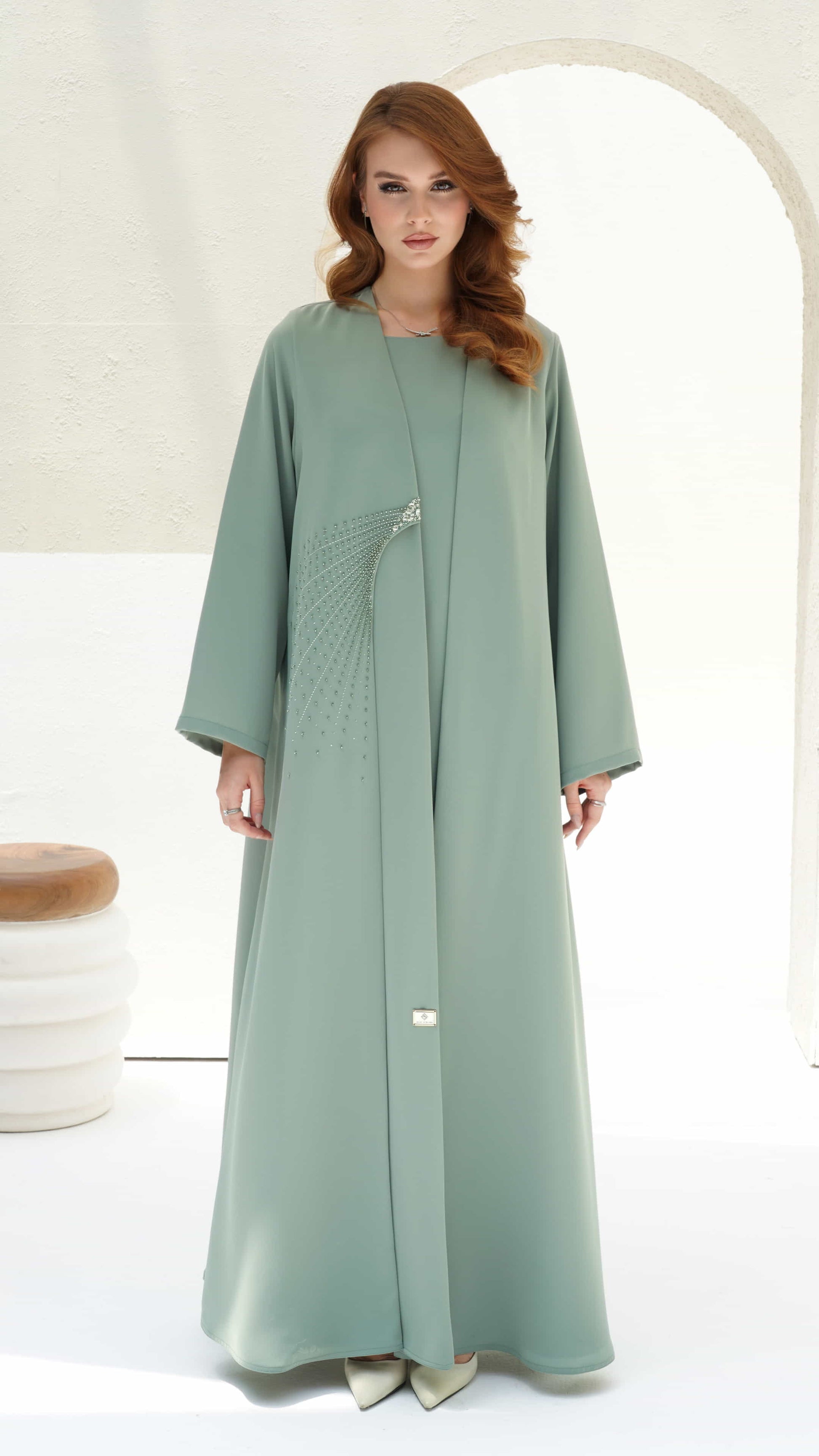 BAHIA | Sage Radiance Sage green luxury abaya with crystal fan embellishment