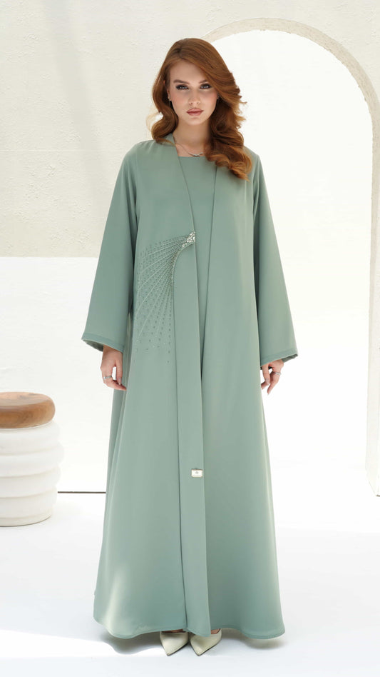 BAHIA | Sage Radiance Sage green luxury abaya with crystal fan embellishment