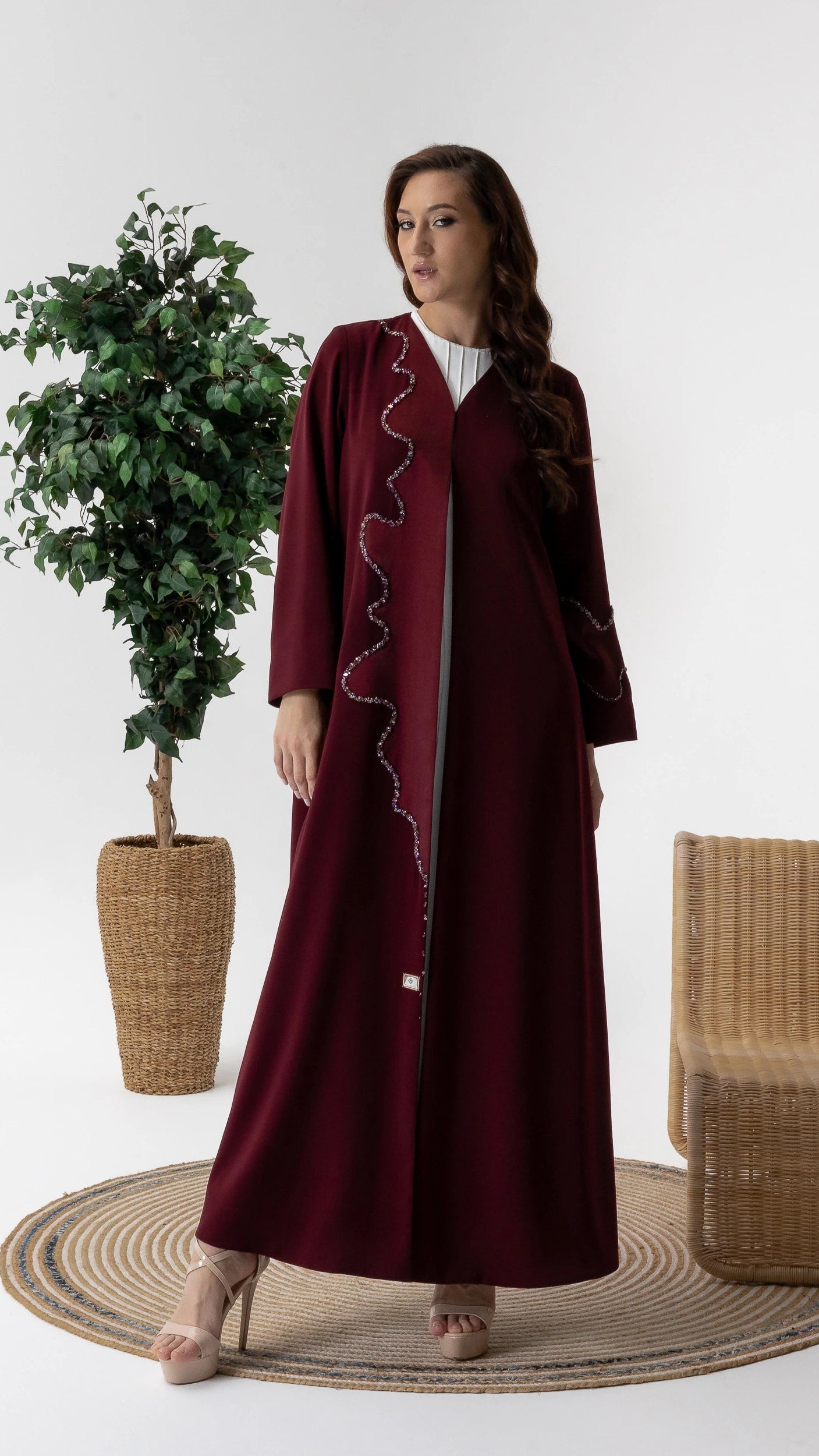 Luxury BARIQAH Mulberry Luxe, a burgundy Ramadan abaya with crystal embellishments and minimalist couture elegance