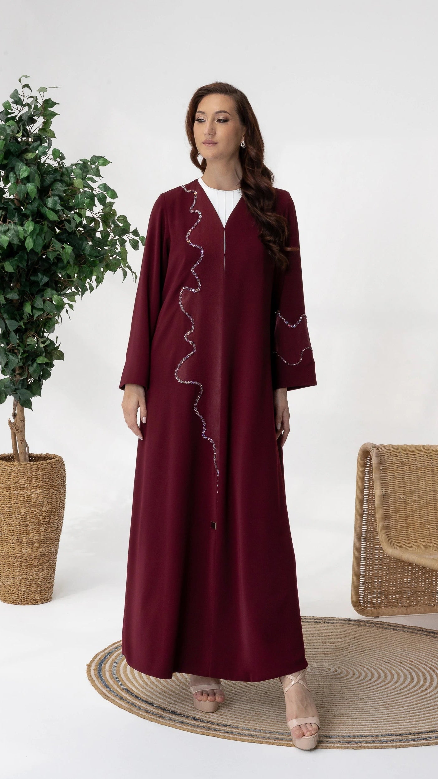 Elegant BARIQAH Mulberry Luxe abaya with shimmering crystal detailing and luxury modest fashion styling in Dubai