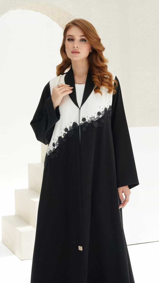 CHERINE | Noir Bloom Elegant monochrome abaya with contrast panel design