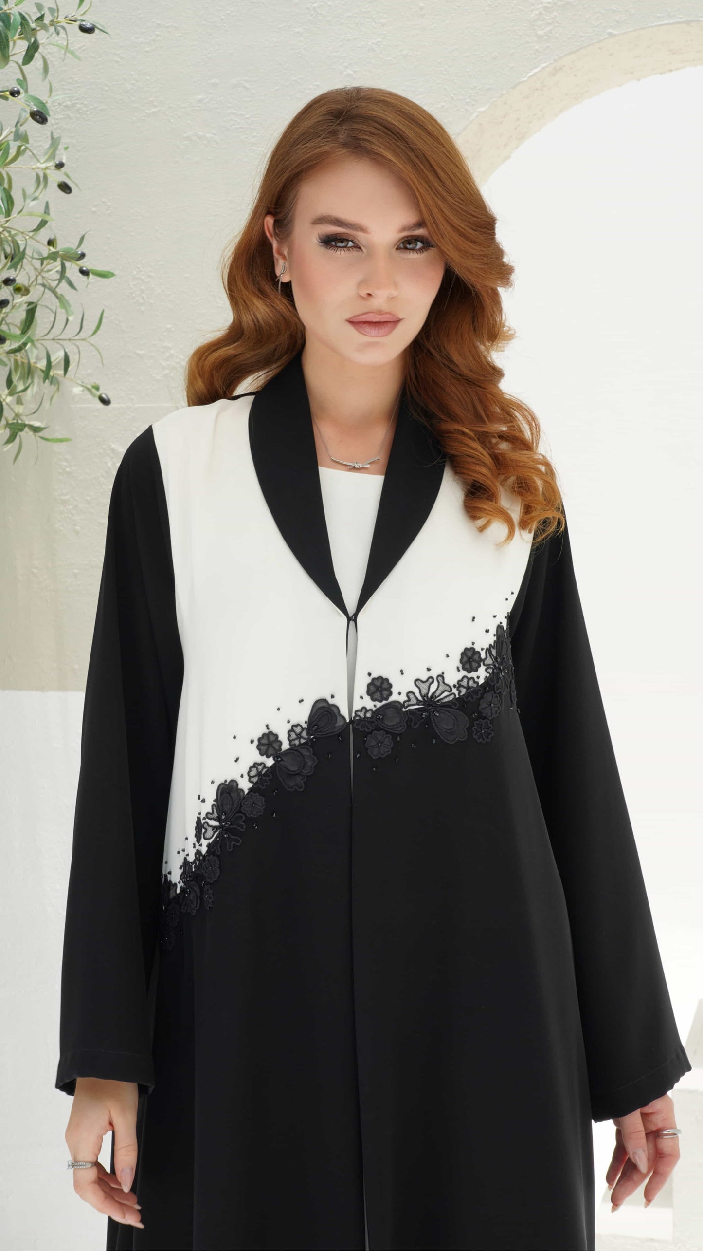 CHERINE | Noir Bloom Black and white luxury abaya with floral appliqué detail