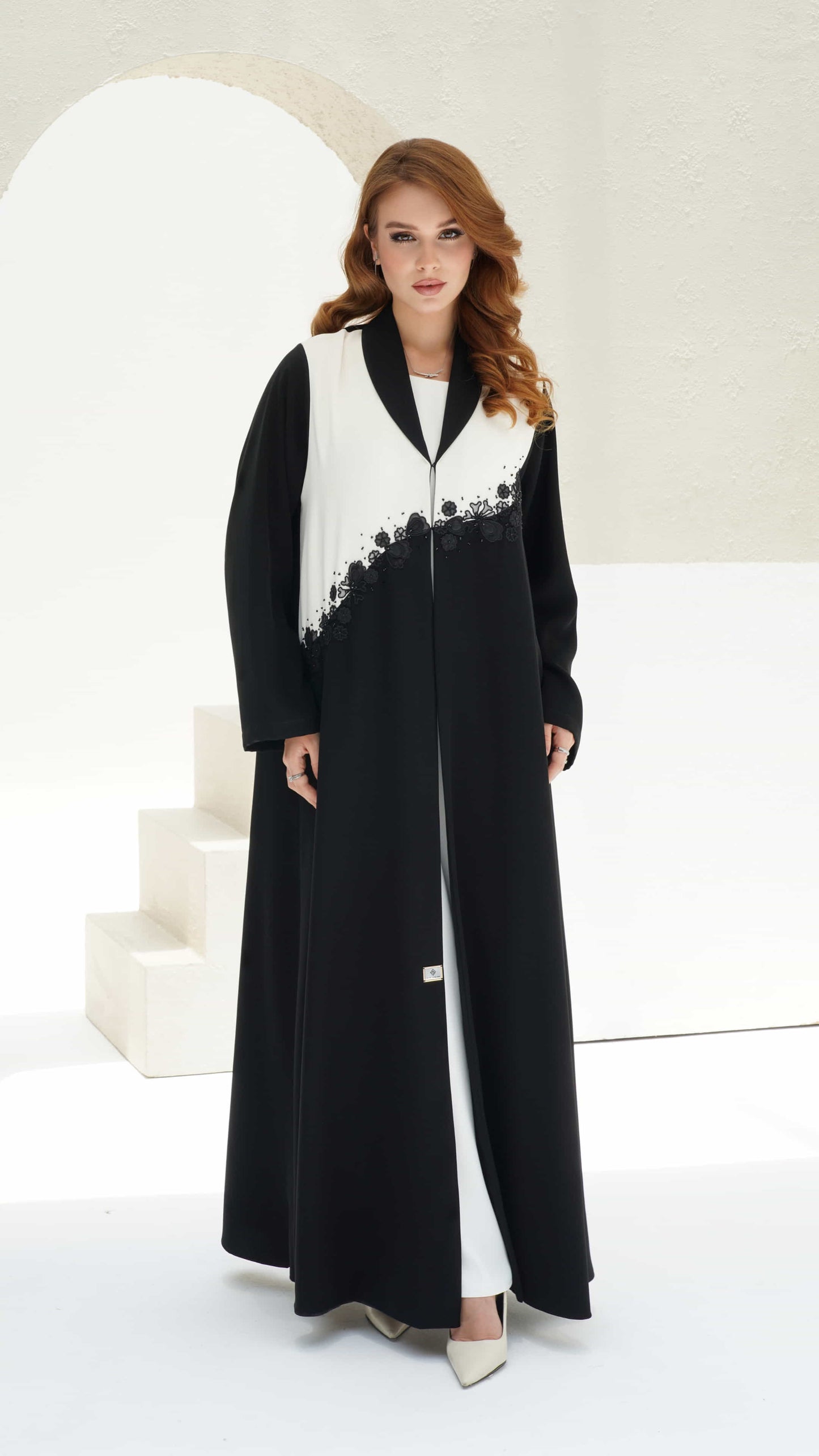 CHERINE | Noir Bloom Luxury abaya with floral appliqué and monochrome elegance 
