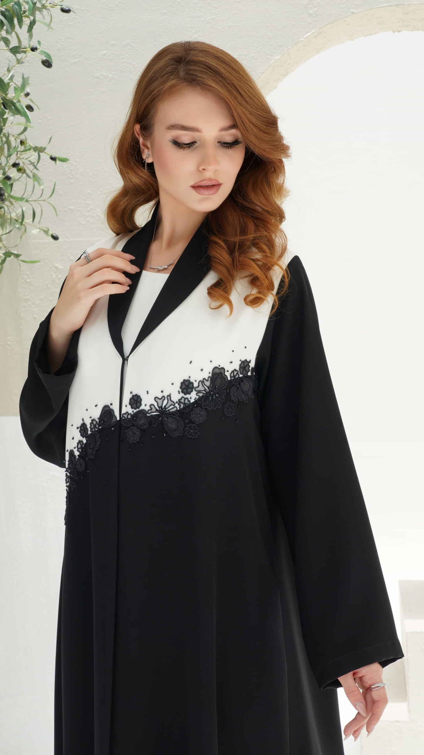 CHERINE | Noir Bloom Side Structured lapel collar detail on luxury abaya
