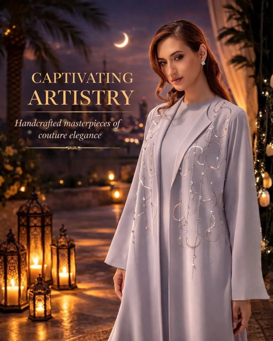 Captivating Artitry Image Woman in an elegant mauve abaya with 'Captivating Artistry' Handcrafted Masperpieces luxury abayas of couture elegance