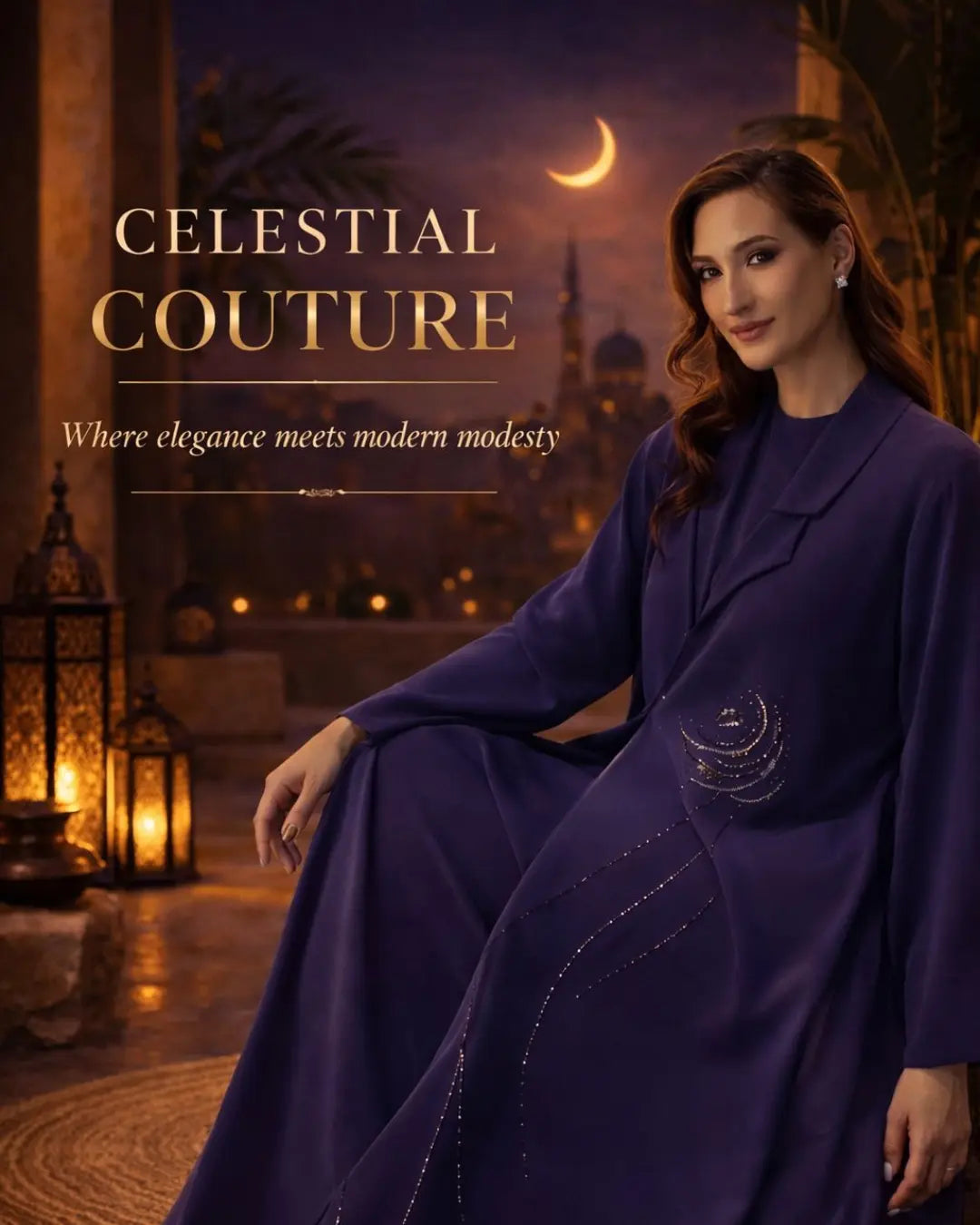Celestial Couture Purple Abaya Cover Woman in a purple abaya with celestial design, sitting in a decorated room with lanterns and a moonlit sky. - where elegance meets modern modesty