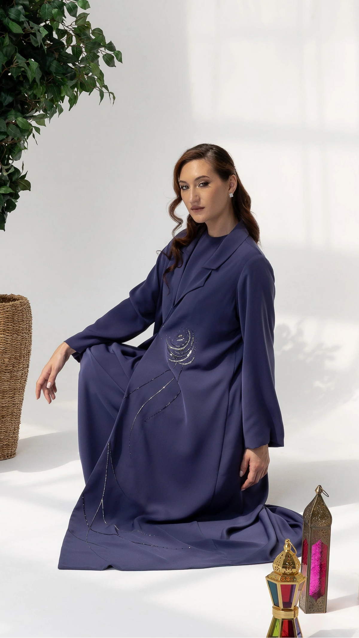 DAHANA Violet Bloom luxury violet abaya with crystal floral embellishments and couture elegance by Diva Atelier