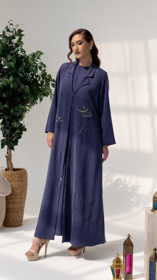 Full profile of DAHANA Violet Bloom abaya with refined crystal bloom embellishments