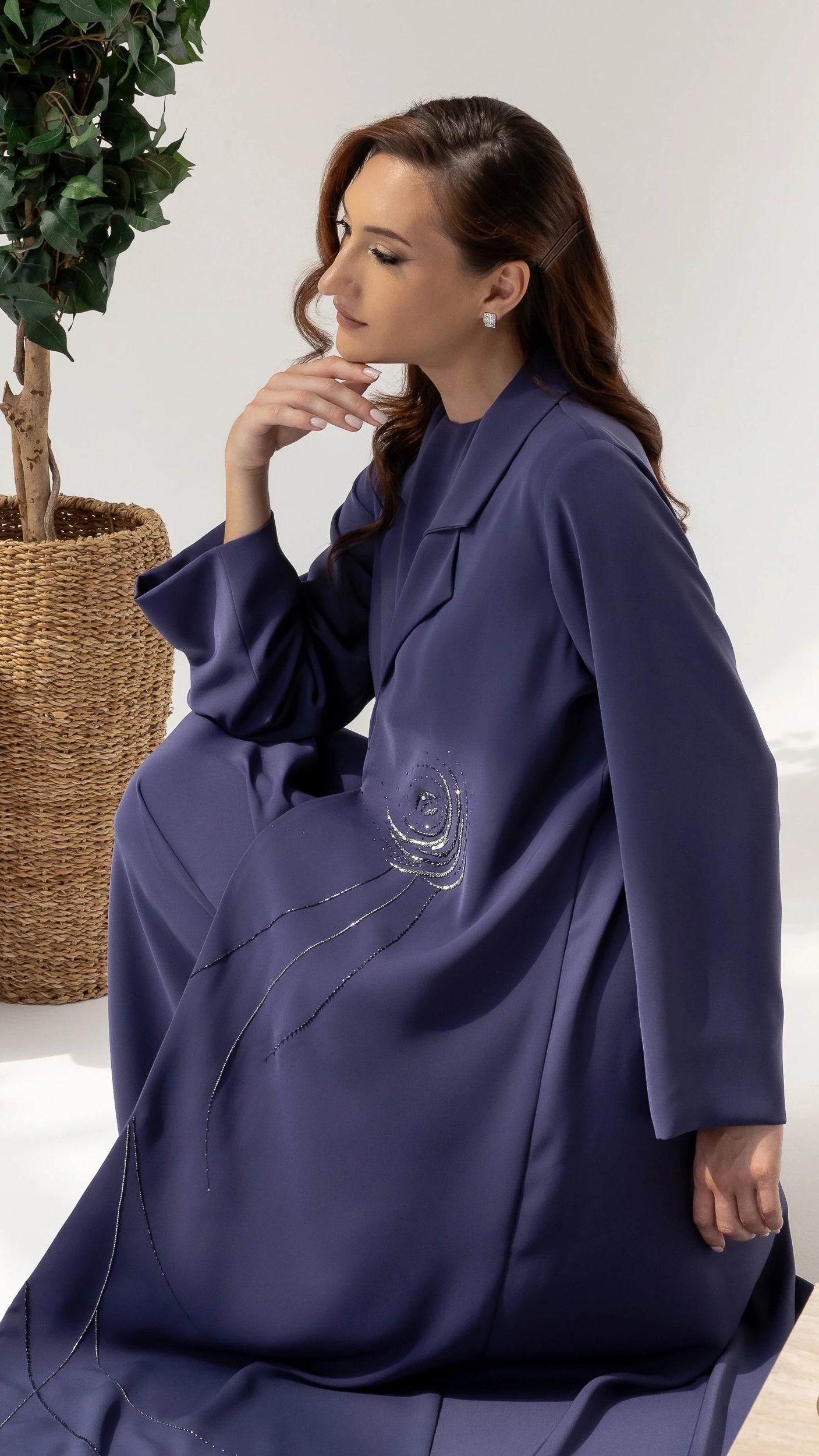 DAHANA Violet Bloom - Luxury Ramadan violet abaya with graceful floral-inspired embellishments and fluid drape