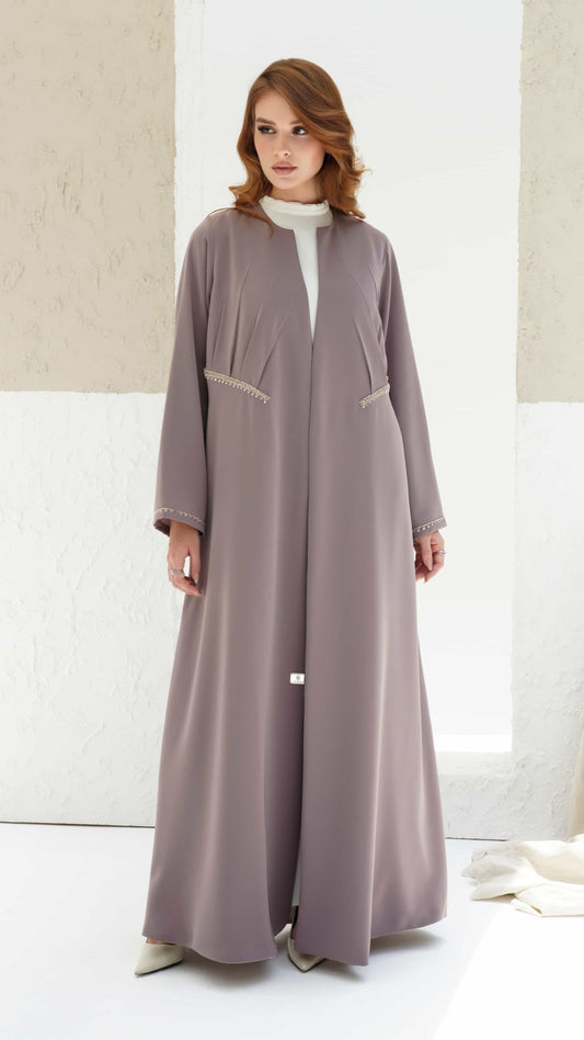 DOUNIA | Blush Aura Elegant pastel abaya with subtle pleats and refined feminine silhouette