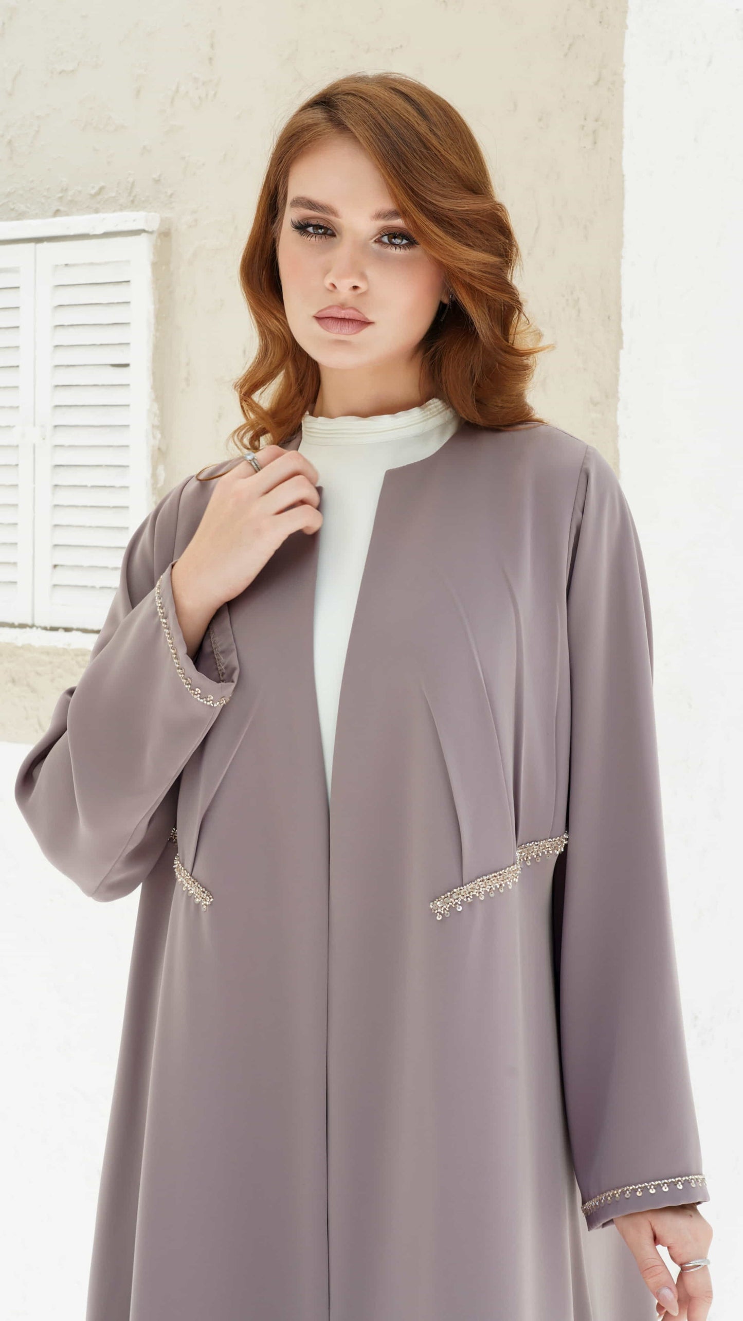DOUNIA | Blush Aura Luxury mauve abaya with soft draping and subtle shimmering accents