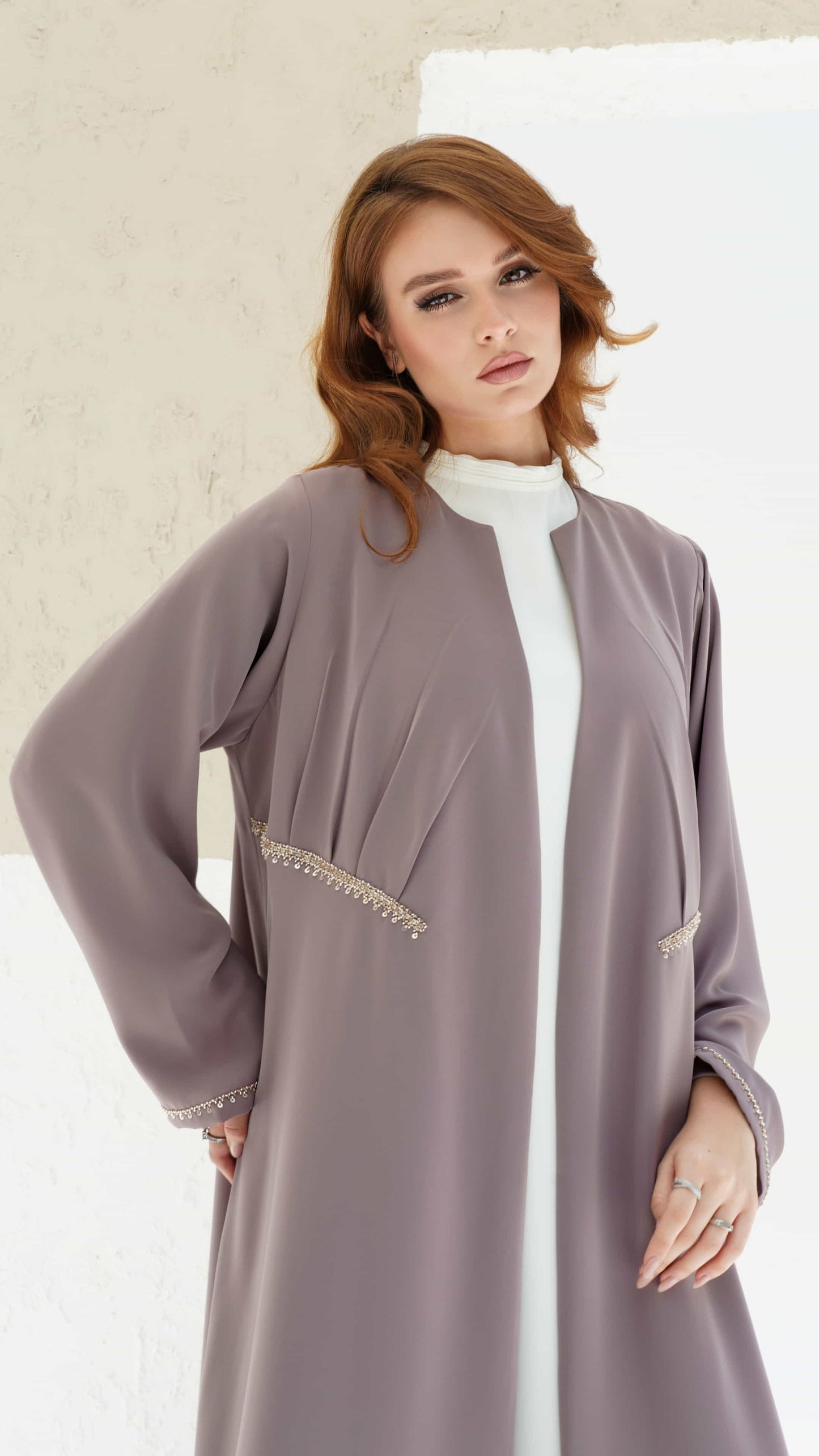 DOUNIA | Blush Aura Soft blush mauve luxury abaya with minimal neckline and fluid drape
