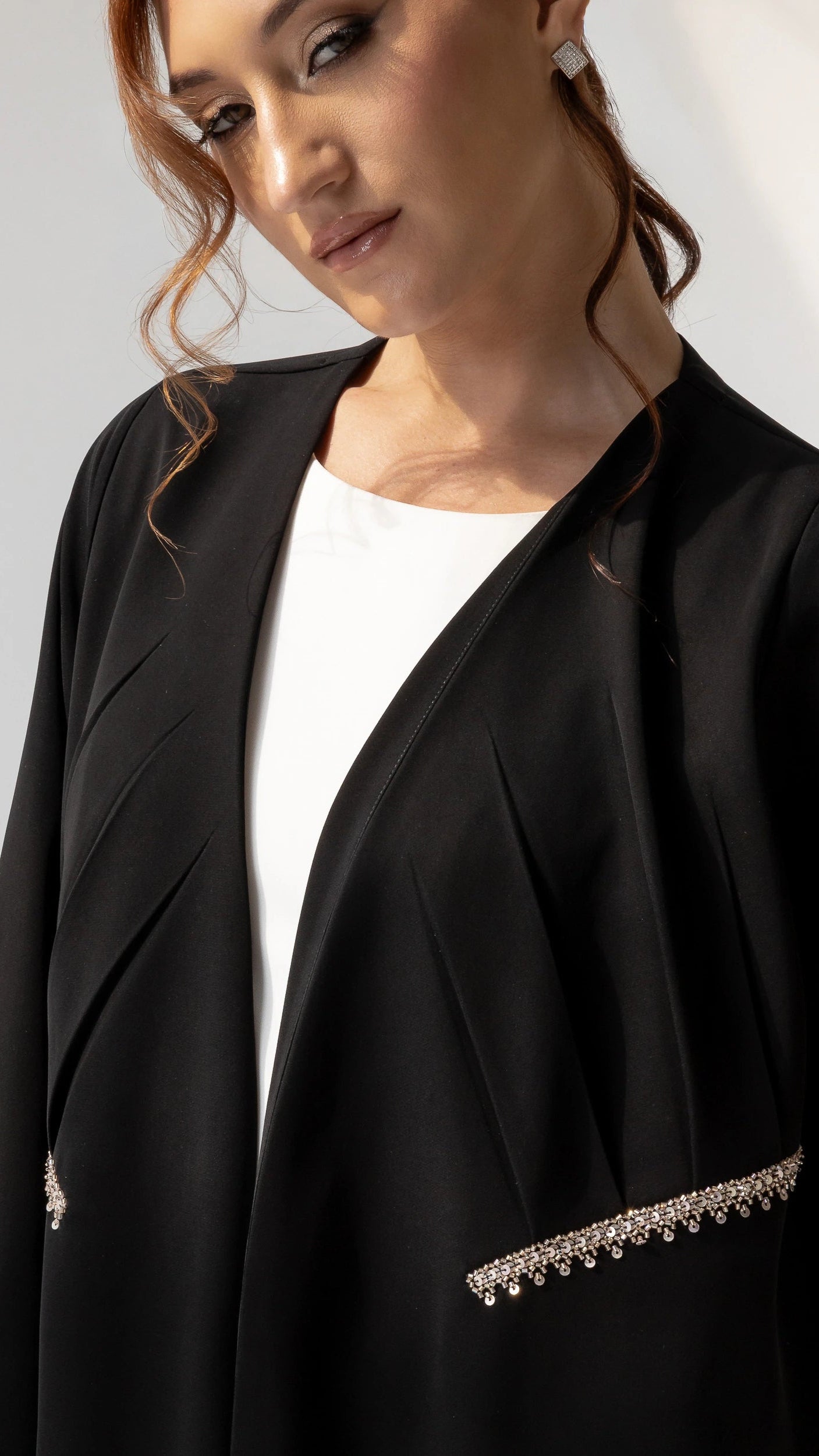 DOUNIA Noir Lumiere Luxury black abaya with understated crystal embellishments and modern elegance