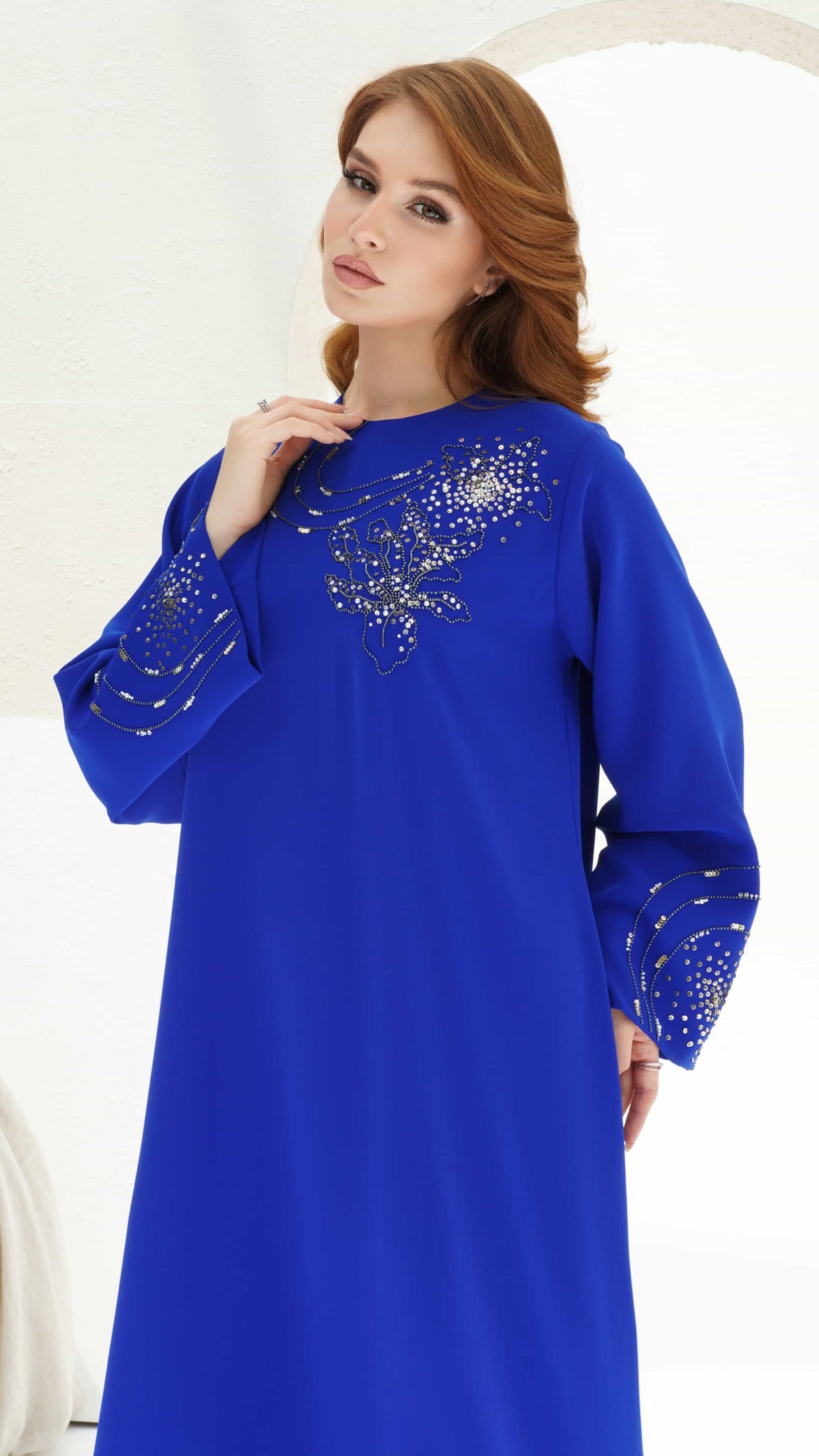 ELINA | Celestial Sapphire Modern modest fashion kaftan with luminous embellishments