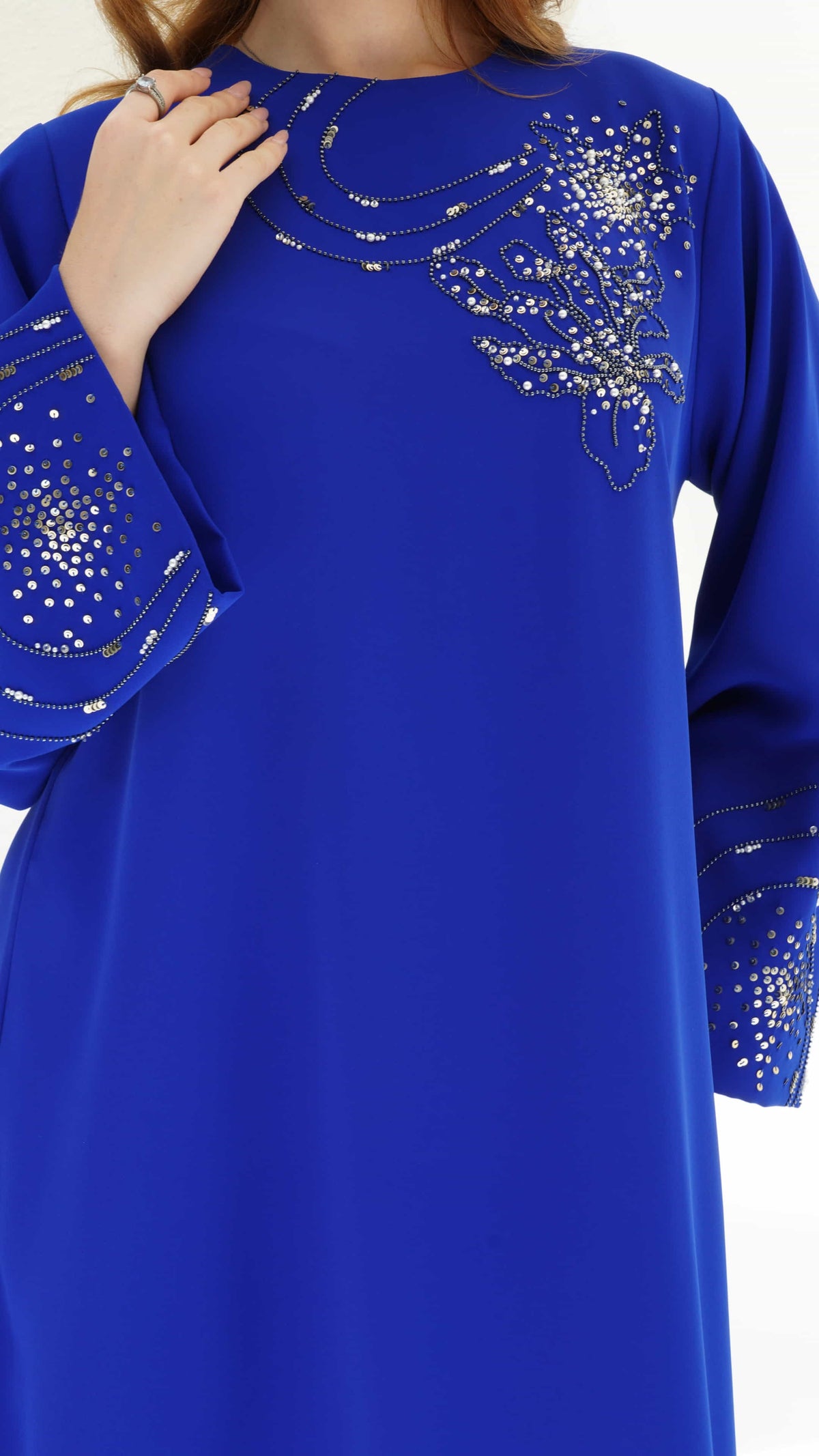 ELINA | Celestial Sapphire Front Elegant sapphire kaftan with flowing silhouette and refined detailing
