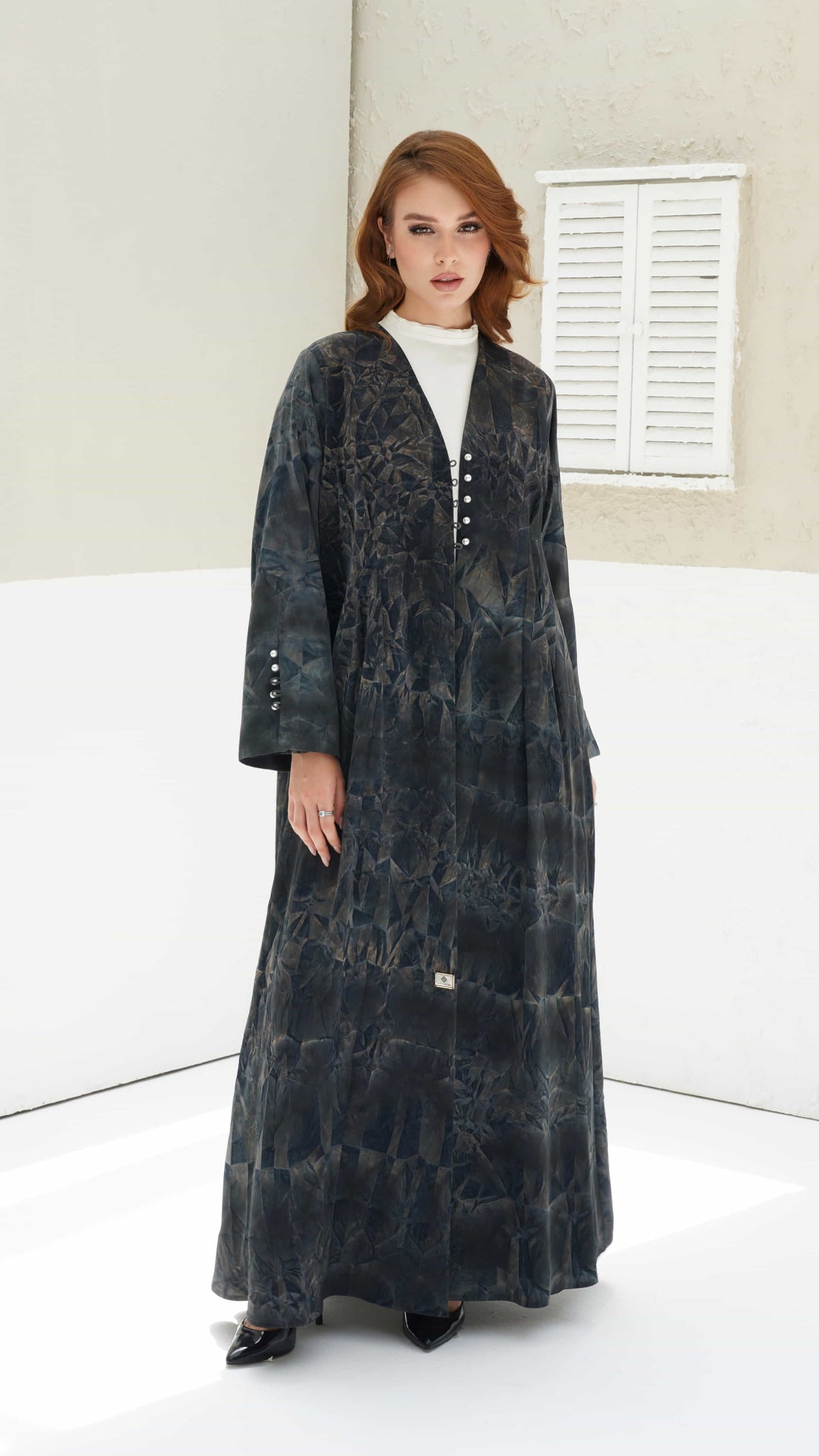 FAIZA | Midnight Mirage abstract print luxury abaya with pearl button front placket detail