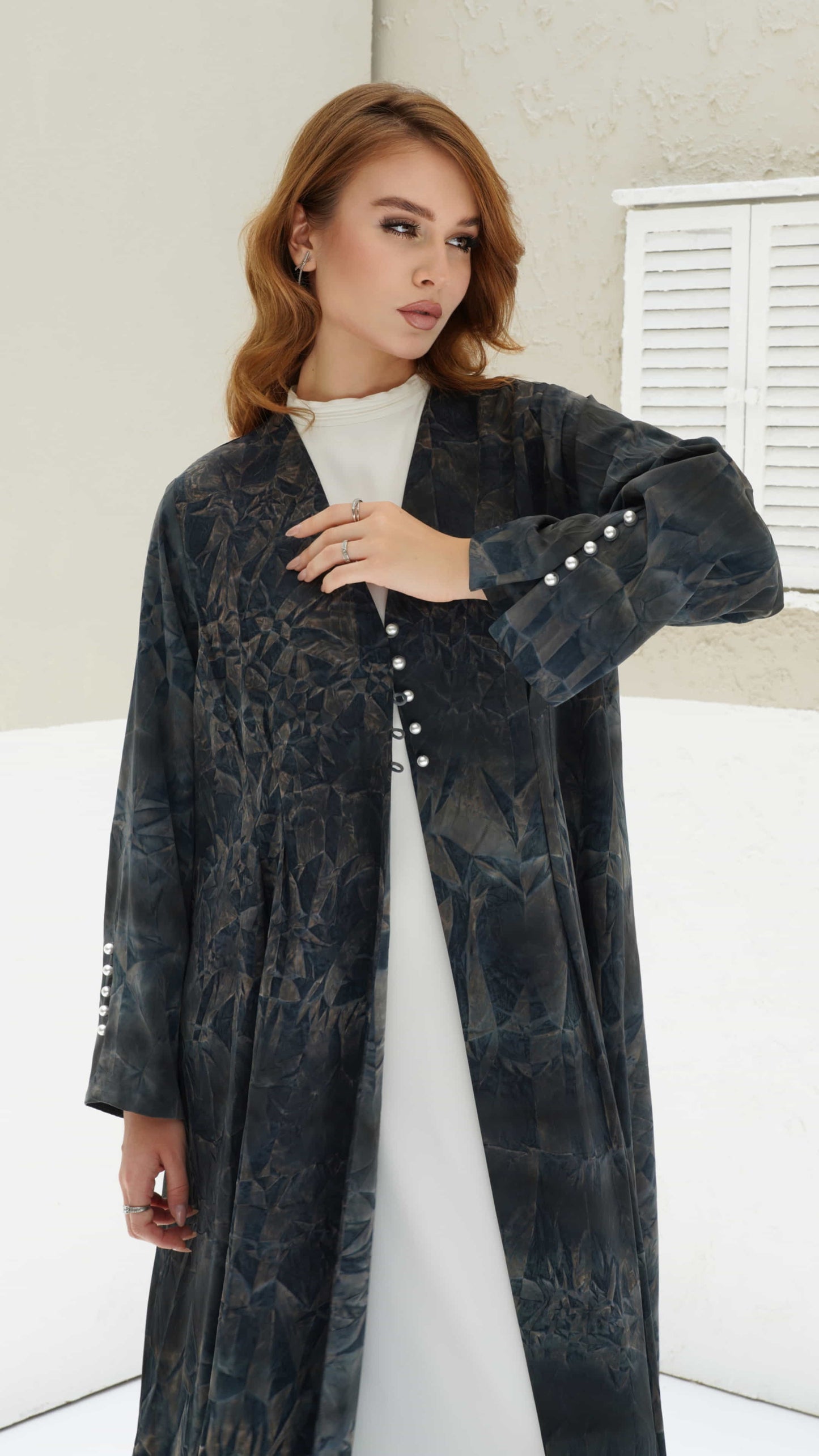 FAIZA | Midnight Mirage Full length Faiza midnight tone abaya with fluid silhouette and artistic textured print 