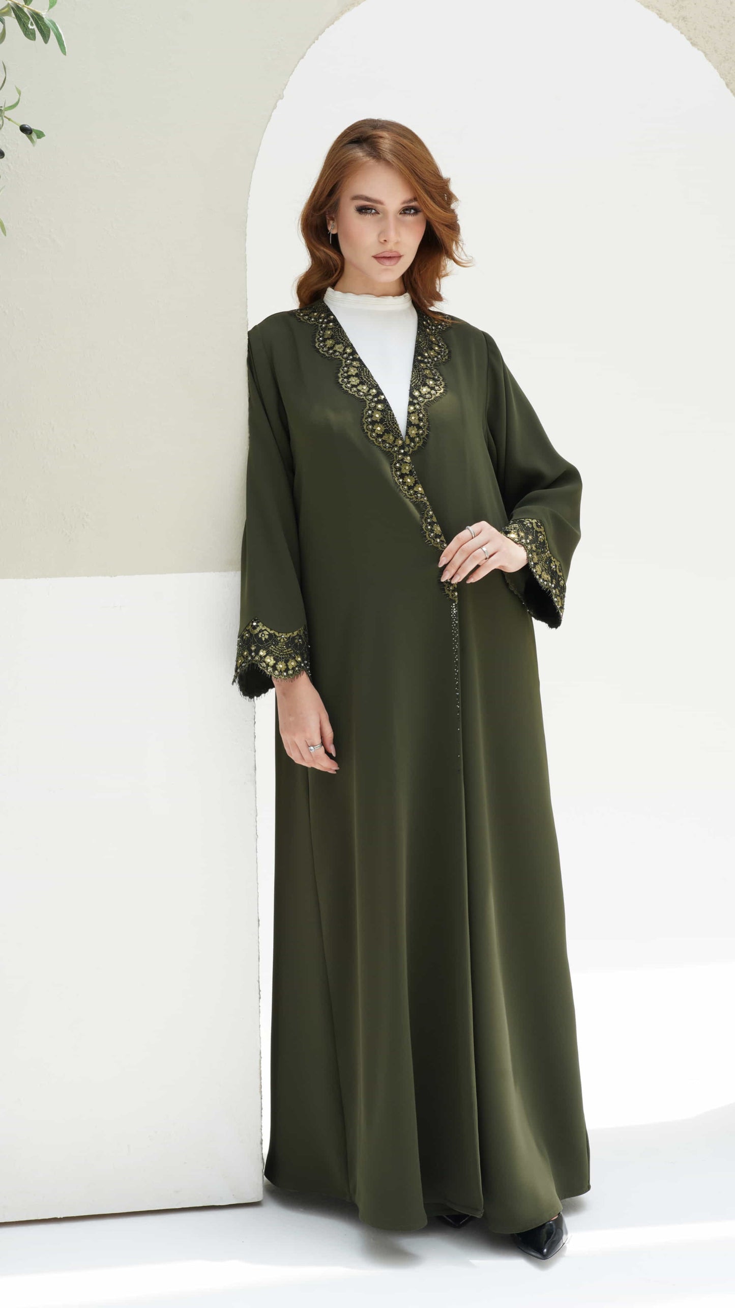 FARIDA | Imperial Olive Elegant olive abaya with intricate neckline embroidery