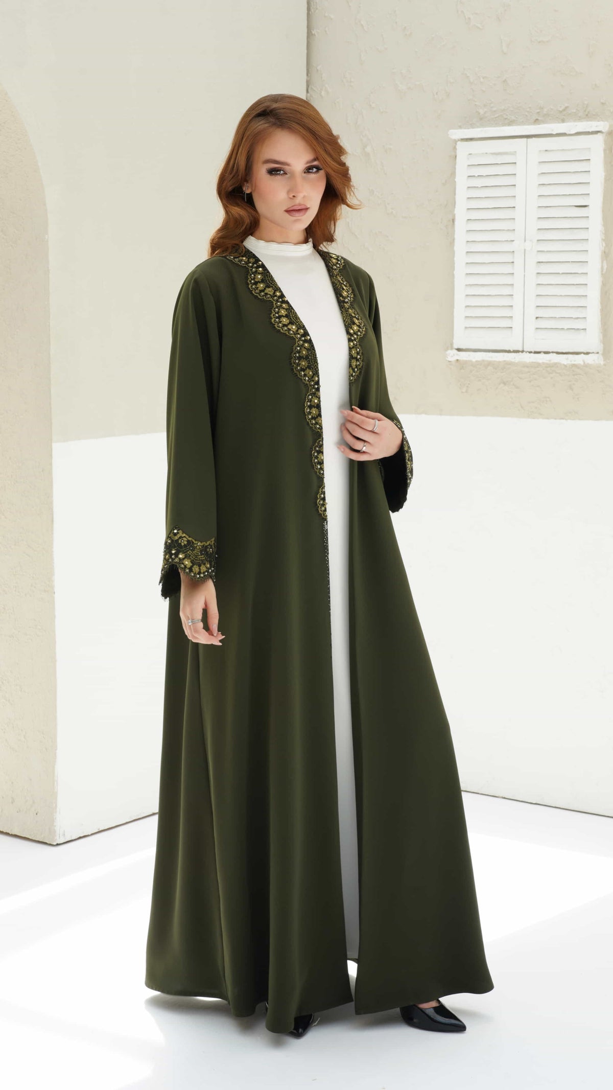 FARIDA | Imperial Olive Full length olive green abaya with flowing silhouette 