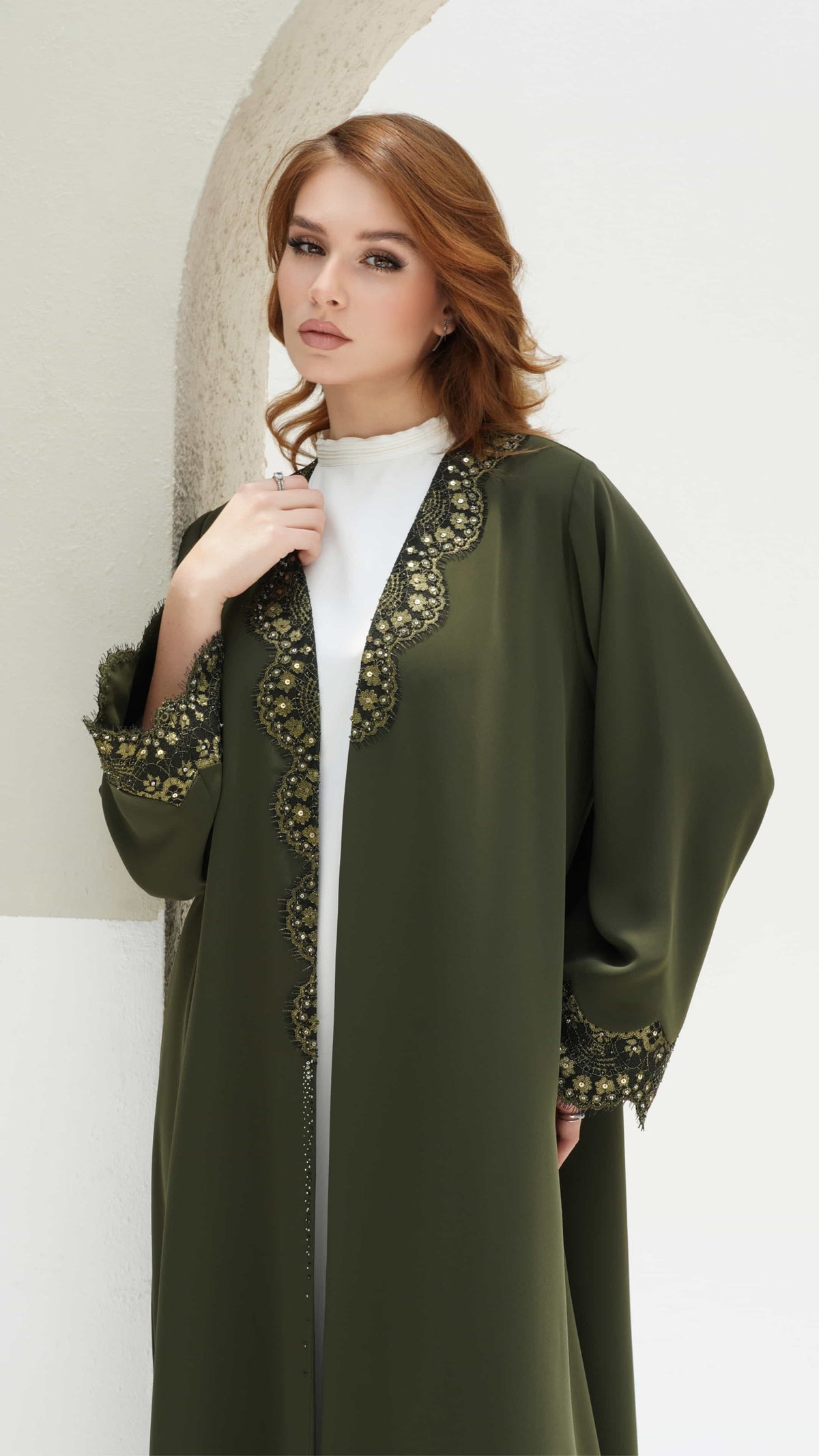 FARIDA | Imperial Olive Luxury abaya with lace cuffs and refined detailing