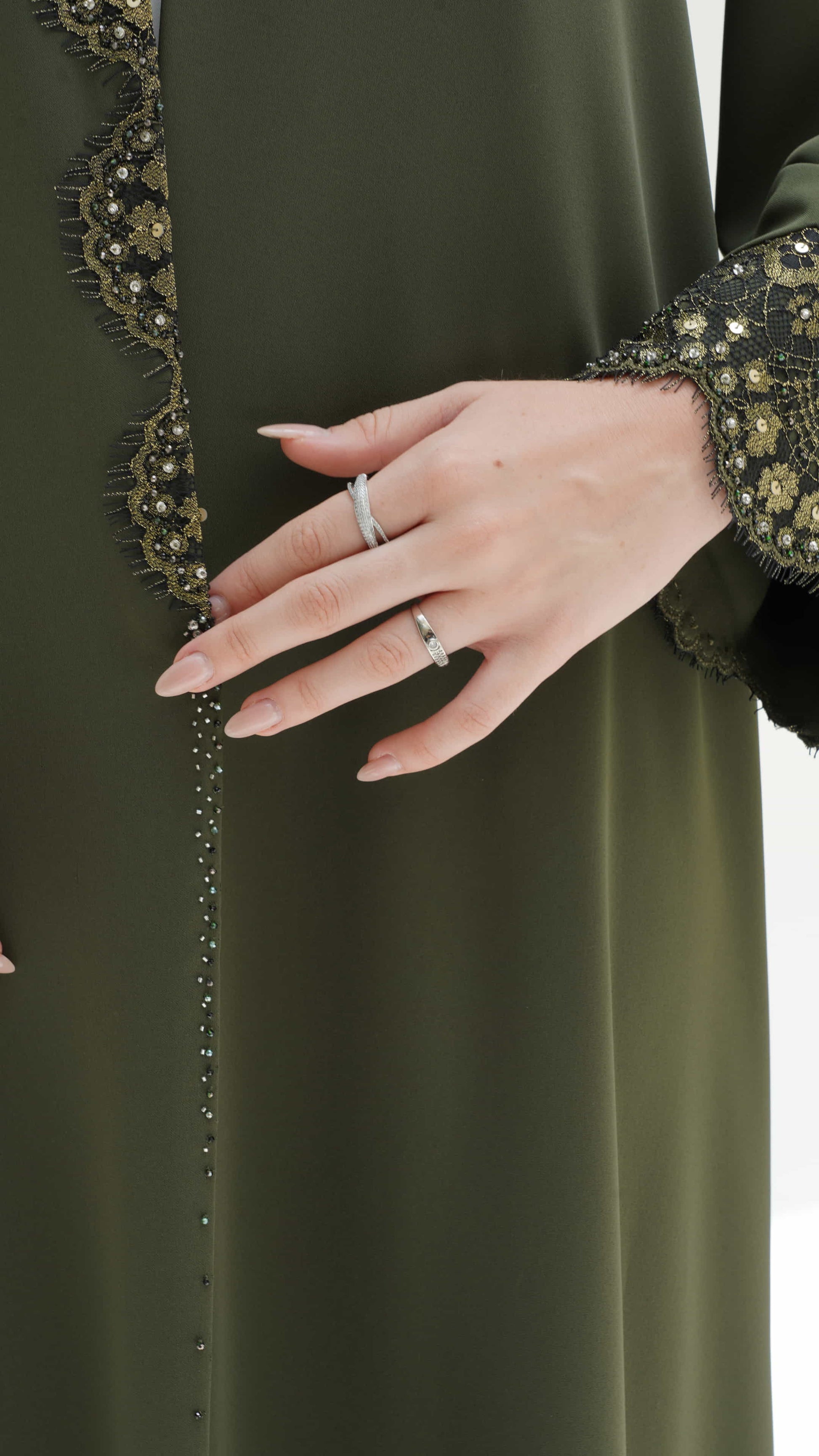 FARIDA | Imperial Olive Modern modest fashion abaya with gold embroidered accents