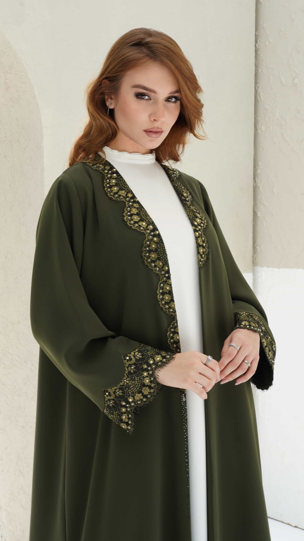 FARIDA | Imperial Olive Premium olive abaya with black lace and elegant structure 