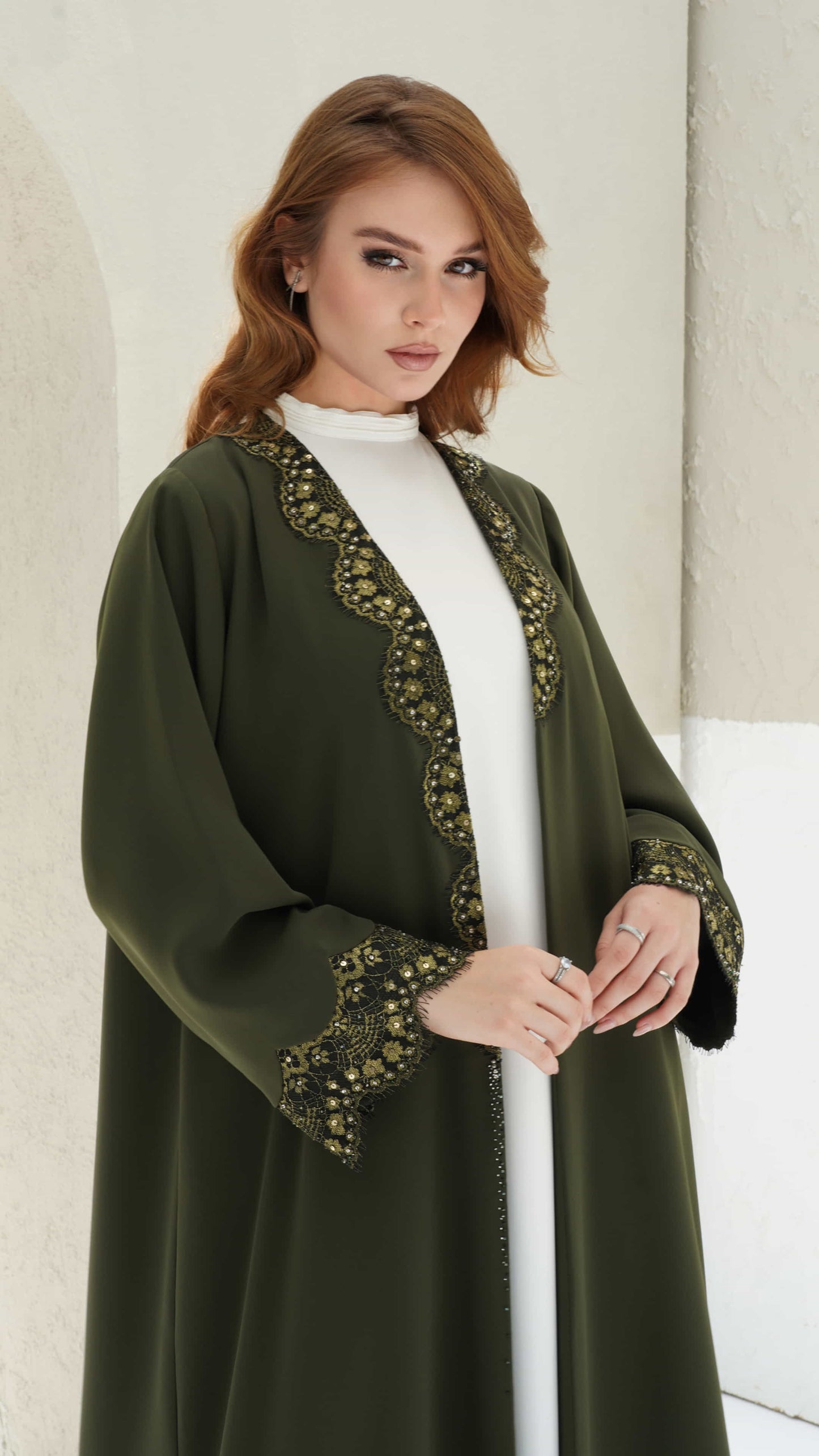 FARIDA | Imperial Olive Premium olive abaya with black lace and elegant structure 