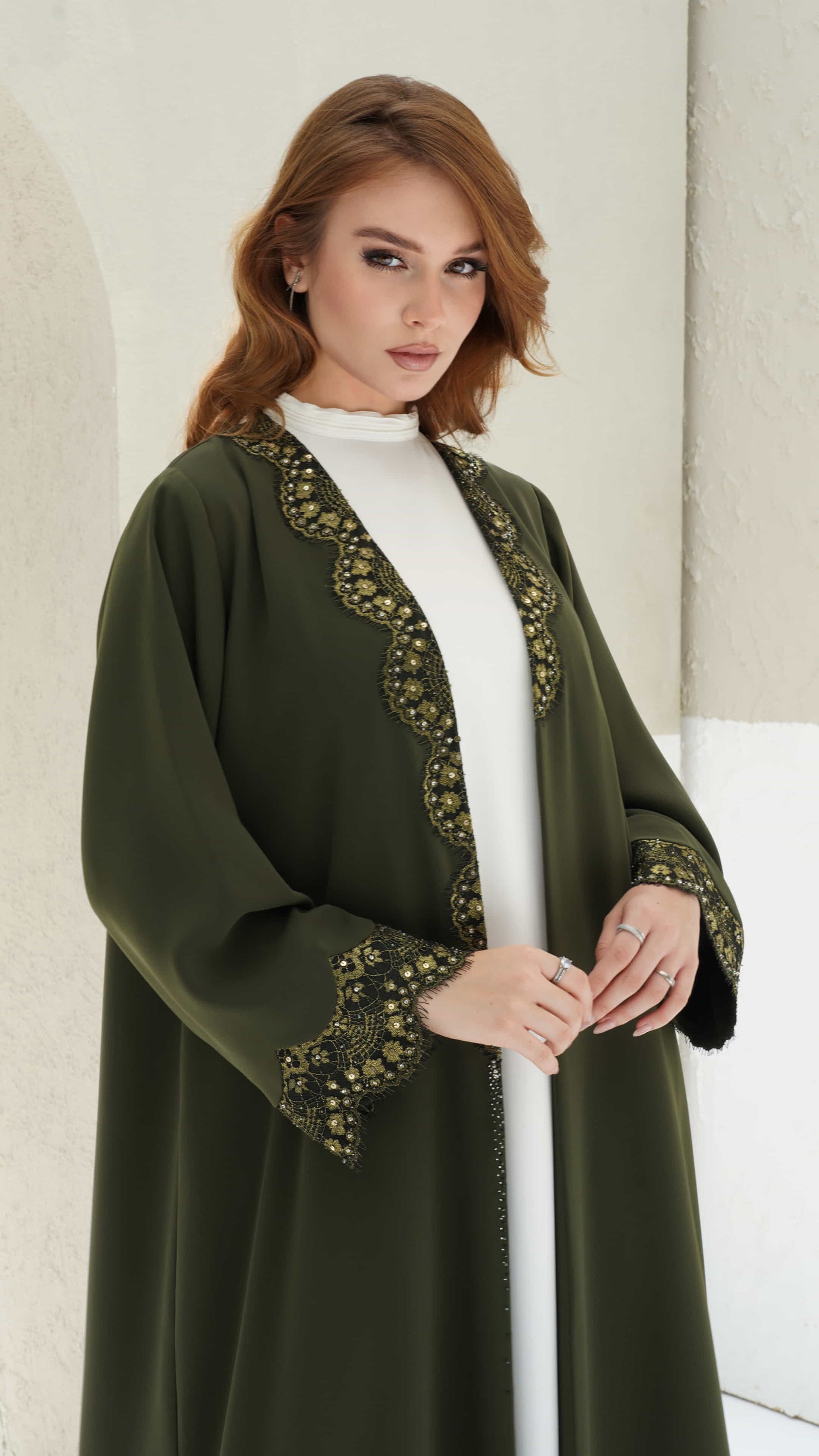 FARIDA | Imperial Olive Premium olive abaya with black lace and elegant structure 