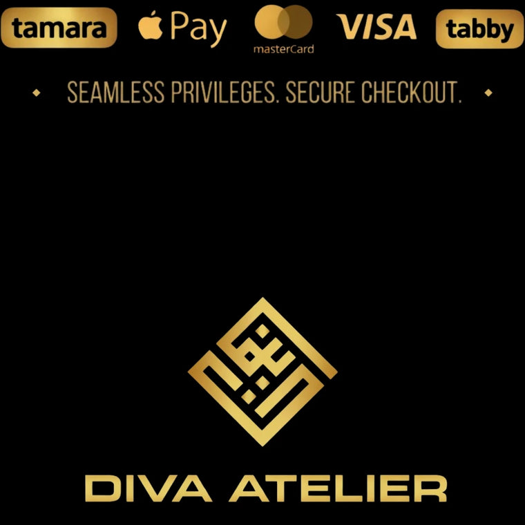 Footer Image of Diva Atelier Logo and brand Signature to the page. Secured checkout and for trust and credibility with all payment partners including tamara and tabby for flexible installments