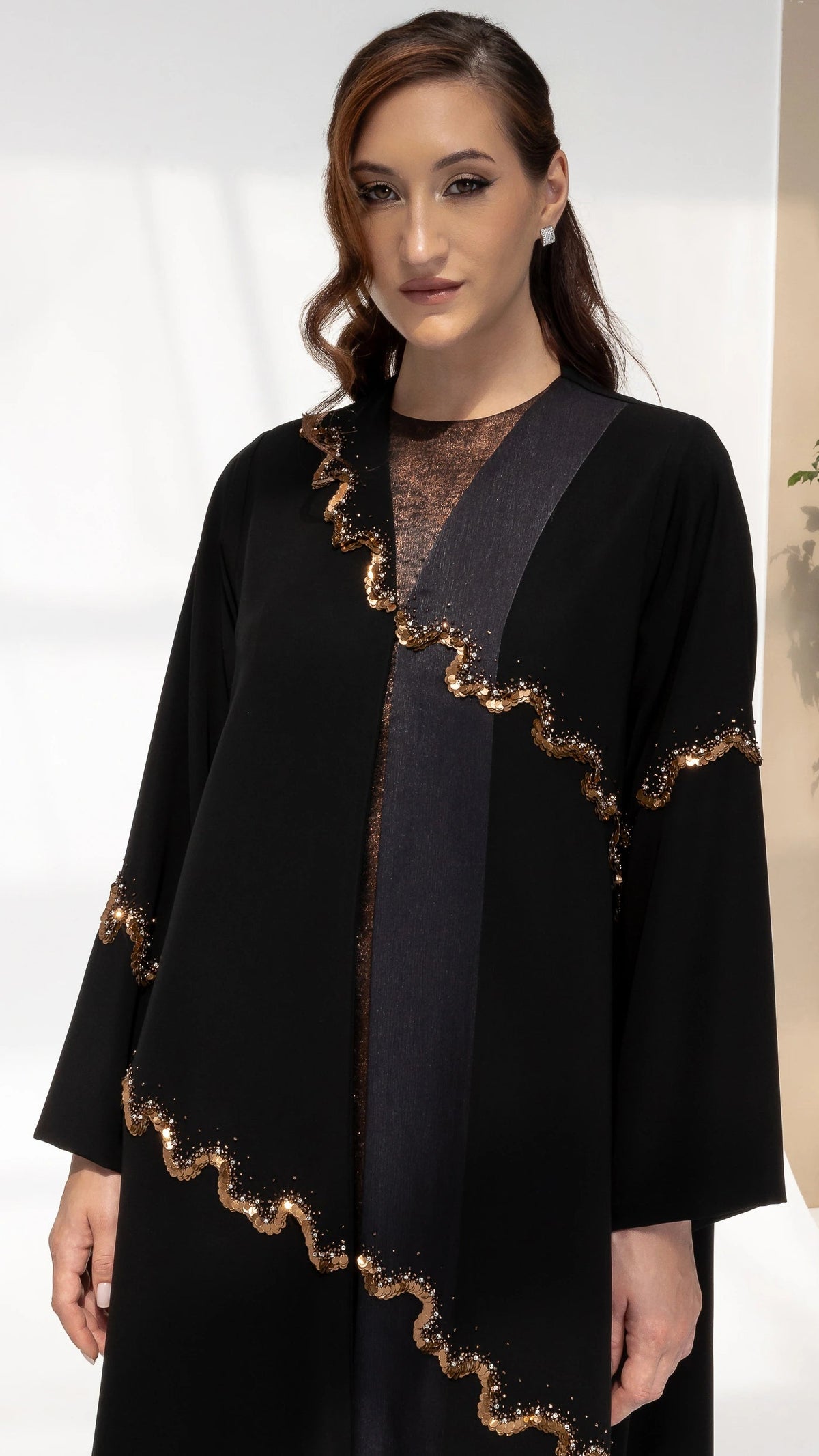 GHALA Copper Luxe - Luxury black Ramadan abaya featuring elegant copper shimmer embellishments and fluid silhouette